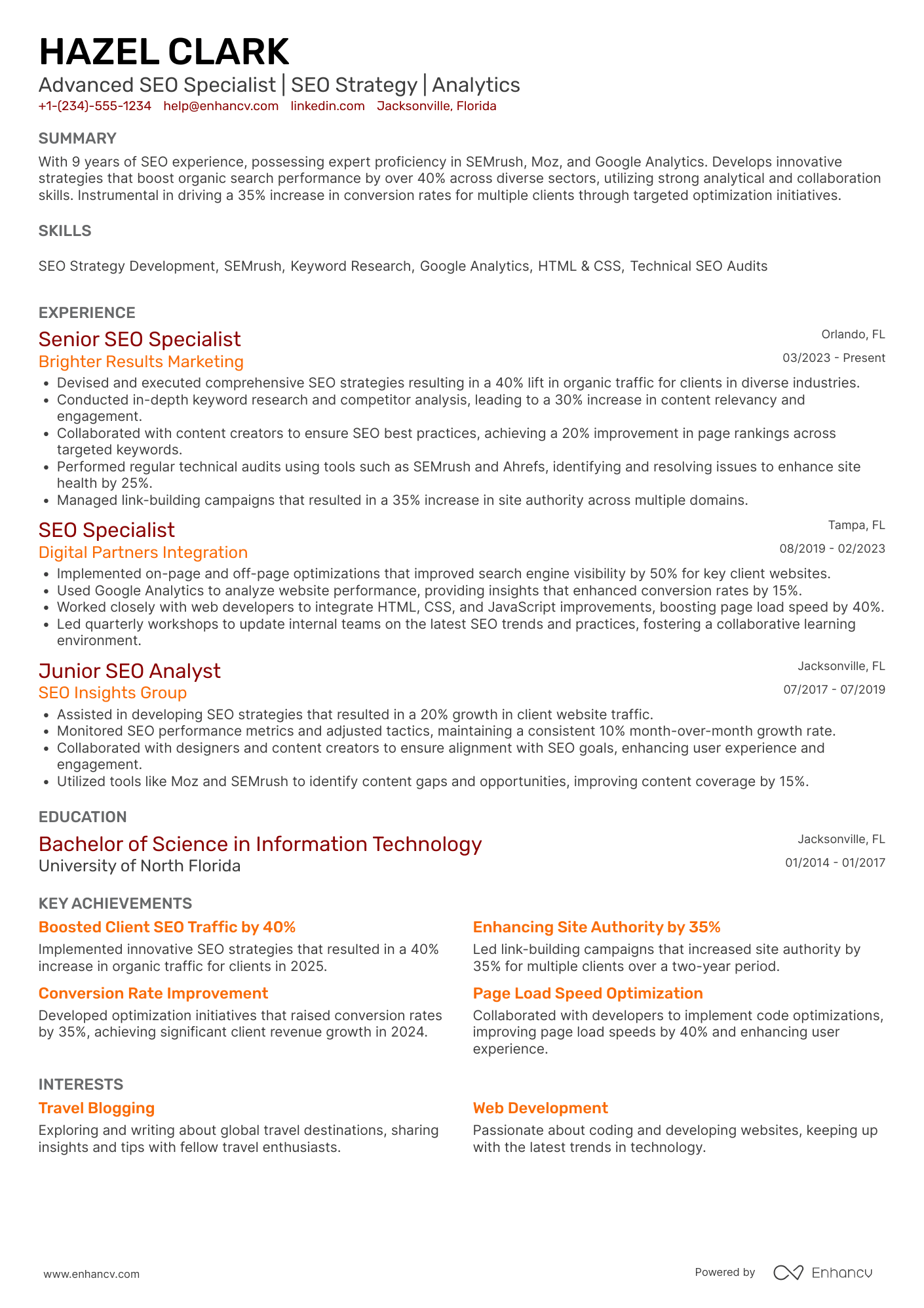 Advanced SEO Specialist Resume Example