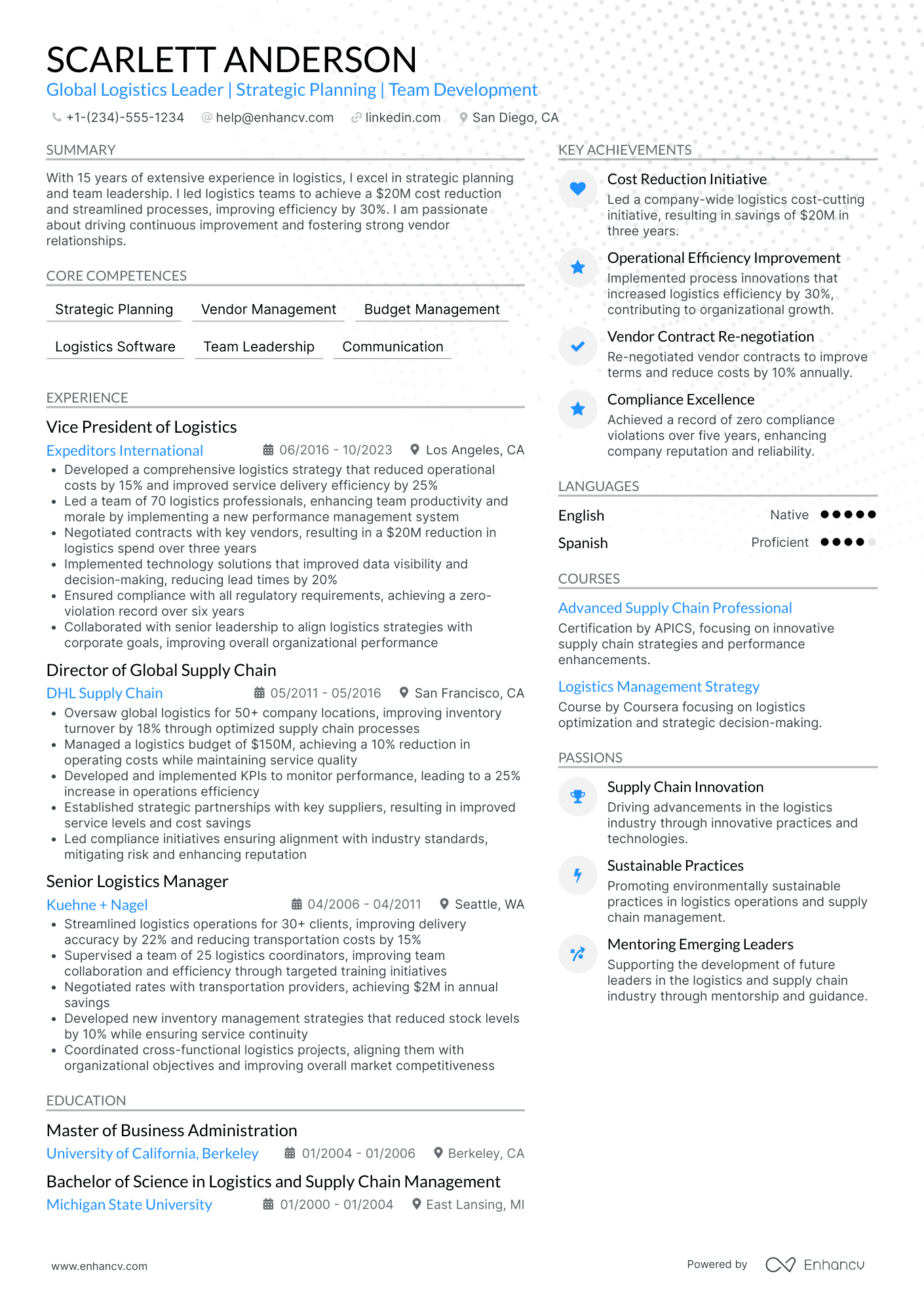 Deputy Chief Logistics Officer Resume Example