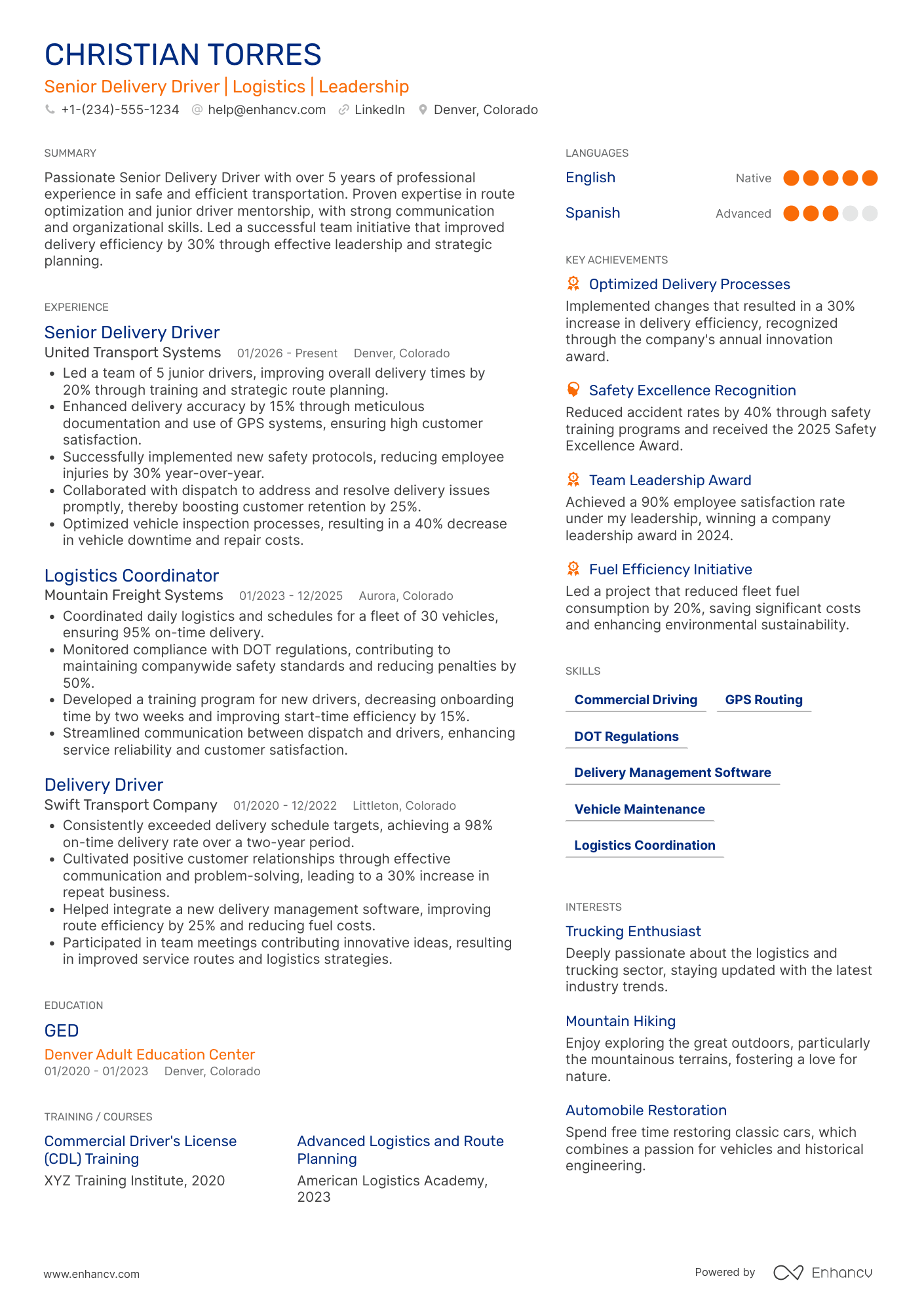 Senior Delivery Driver Resume Example