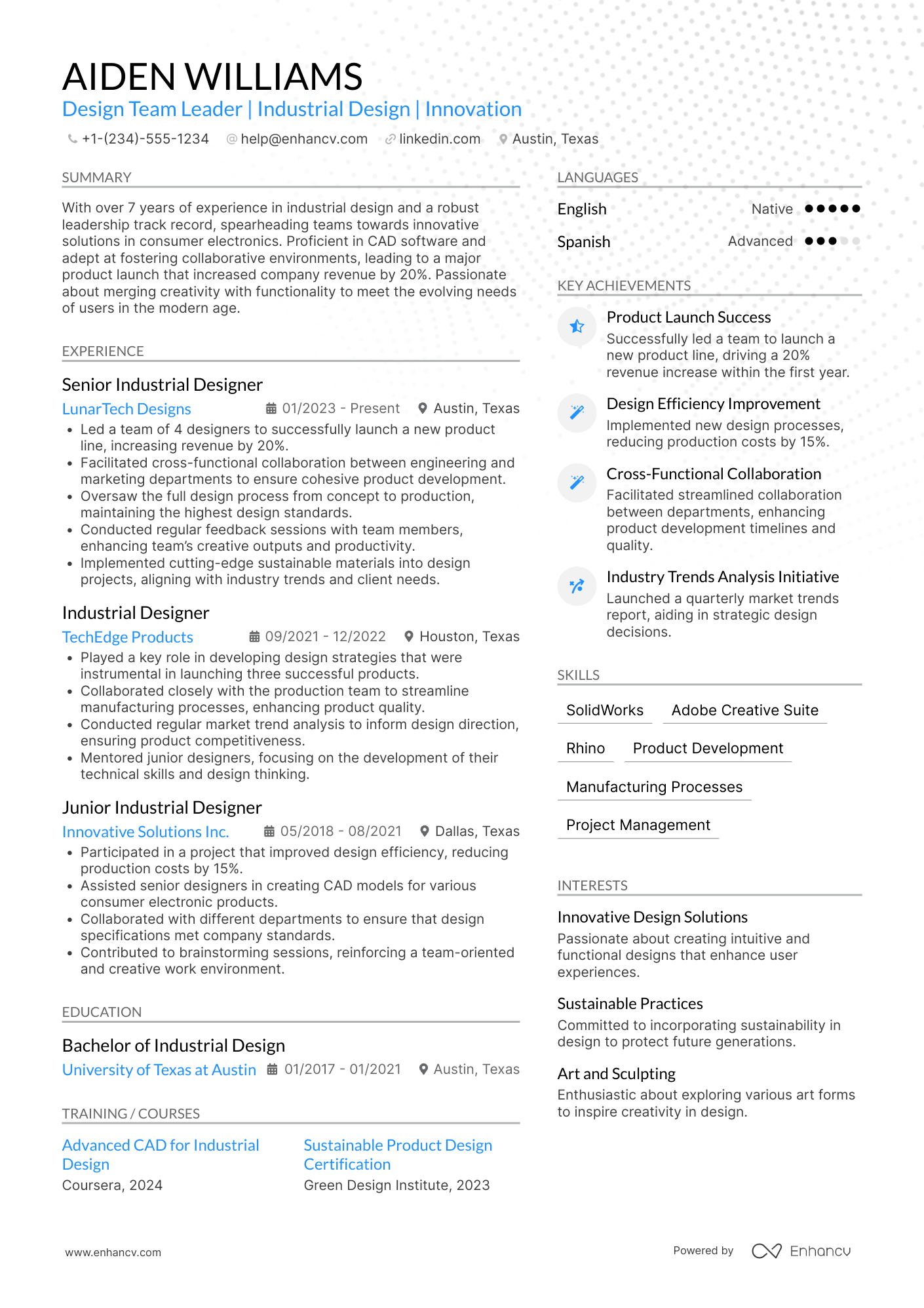 Industrial Design Team Leader Resume Example