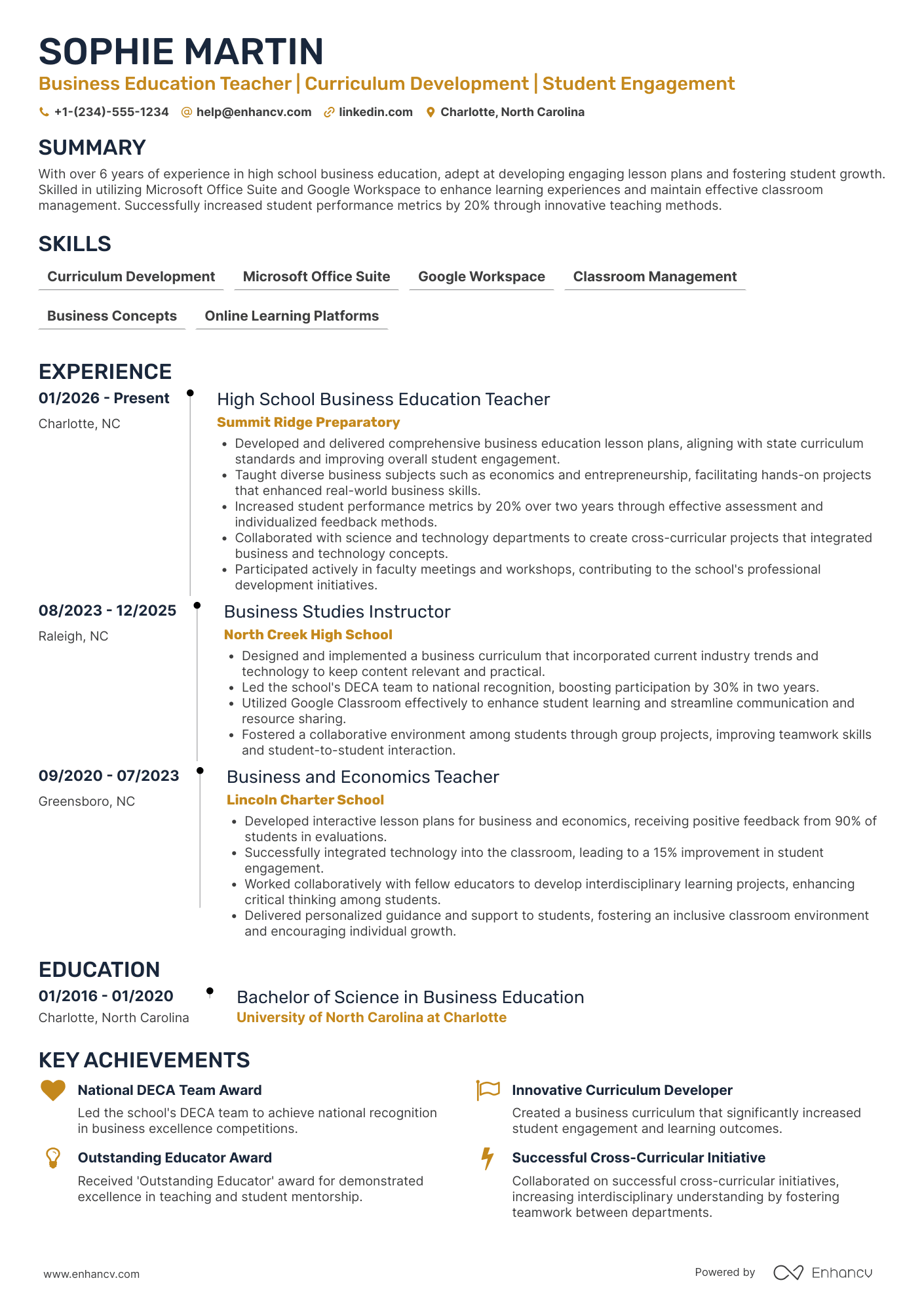 High School Business Education Teacher Resume Example