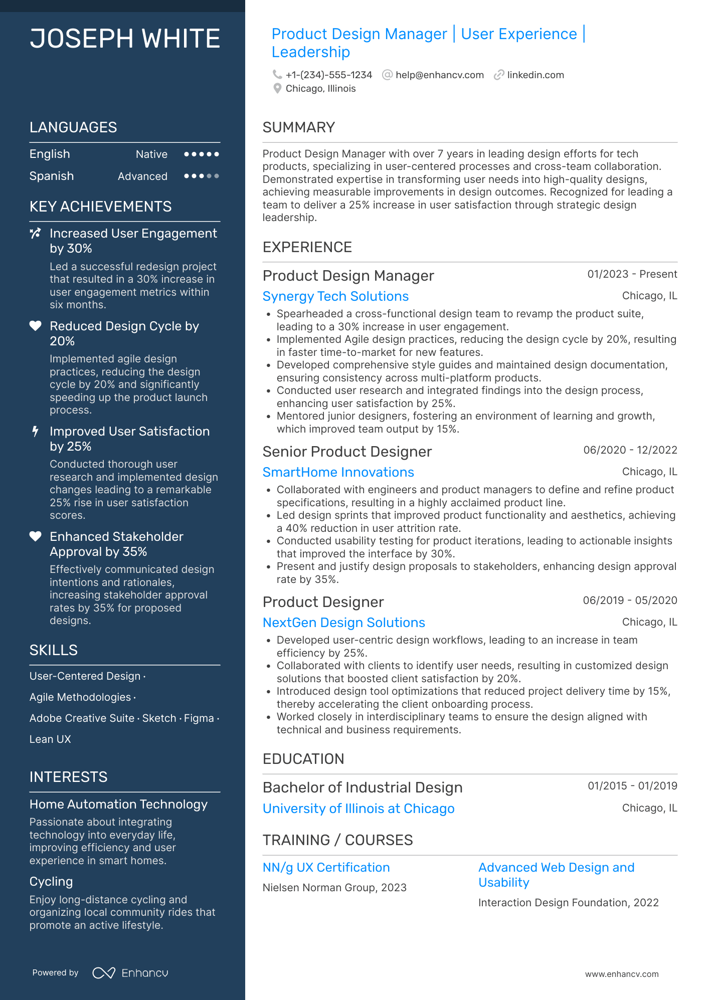 Product Design Manager Resume Example