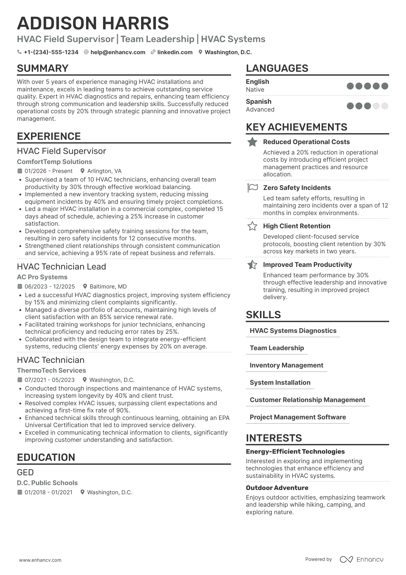 HVAC Field Supervisor Resume Example