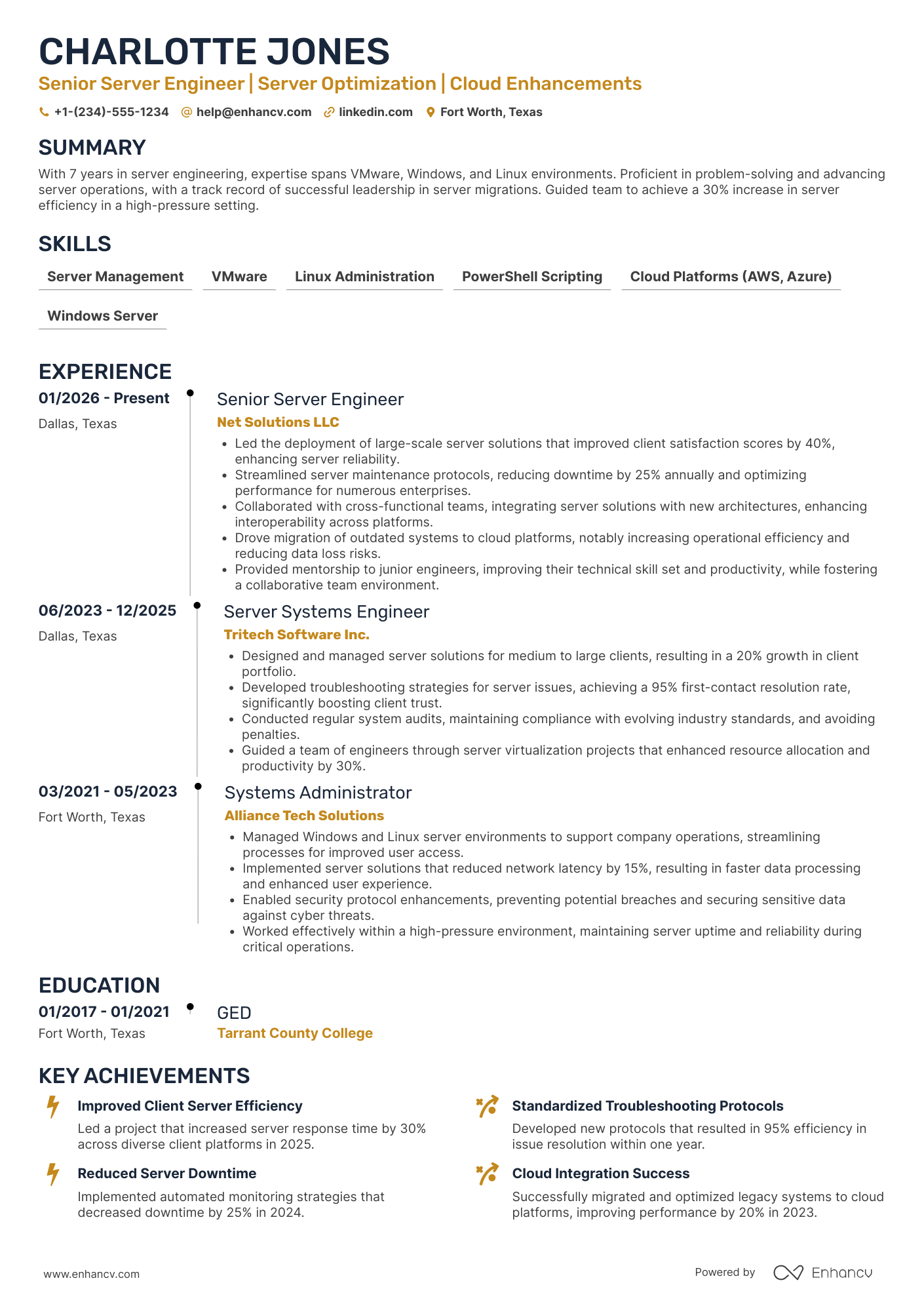 Senior Server Resume Example