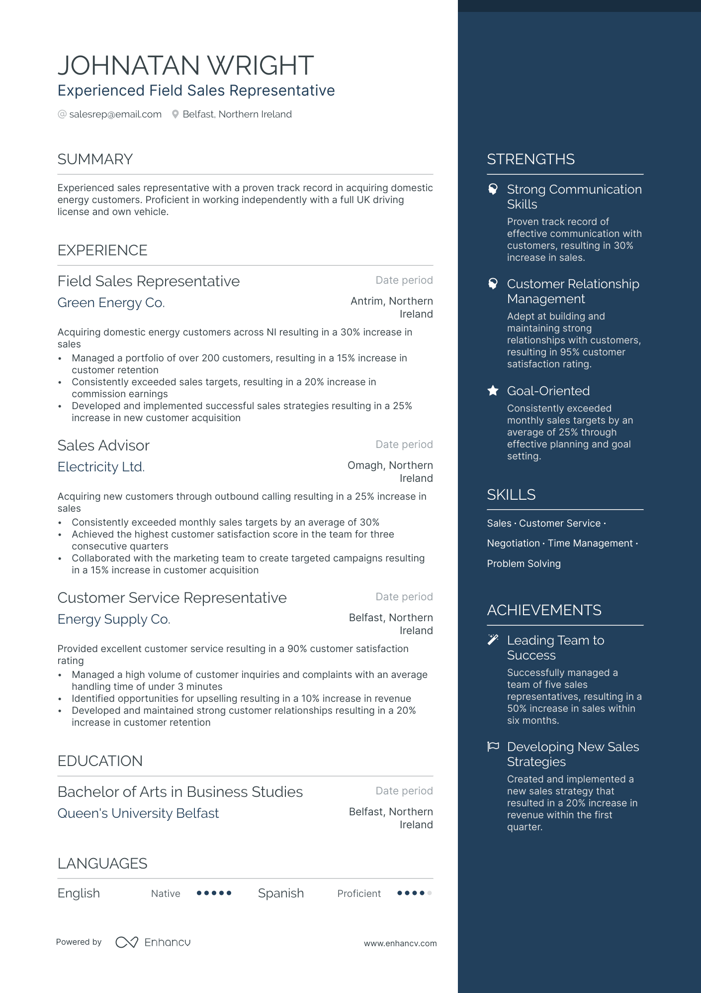 Customer Sales Representative Resume Example