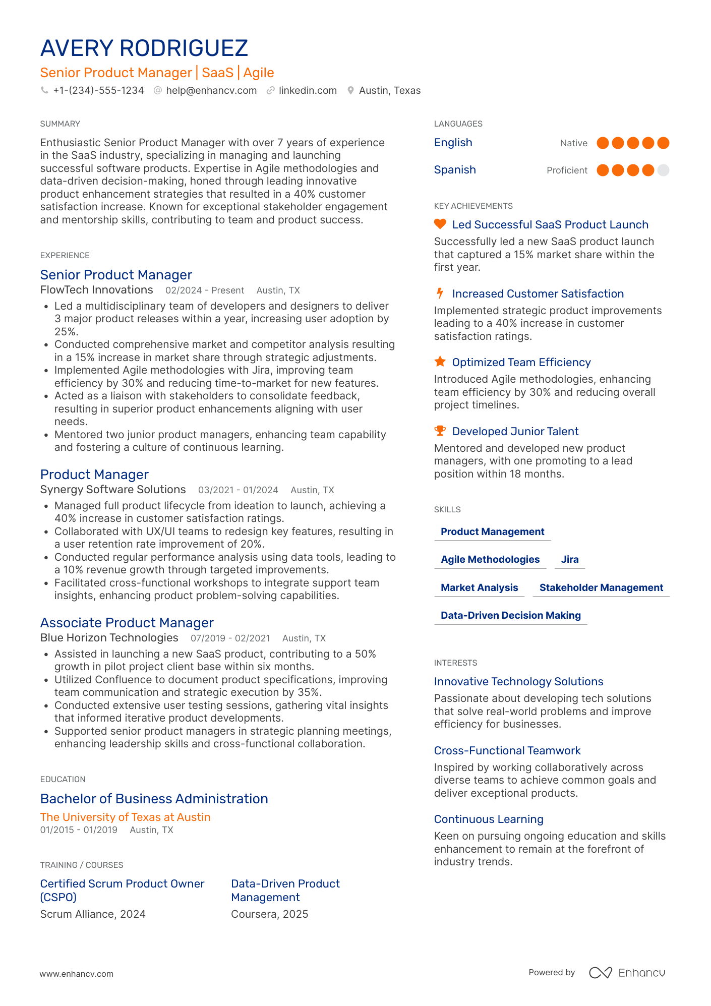 Senior Product Manager Resume Example