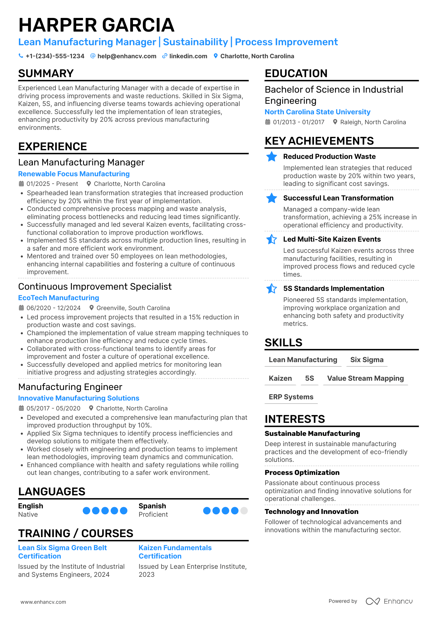 Lean Manufacturing Manager Resume Example