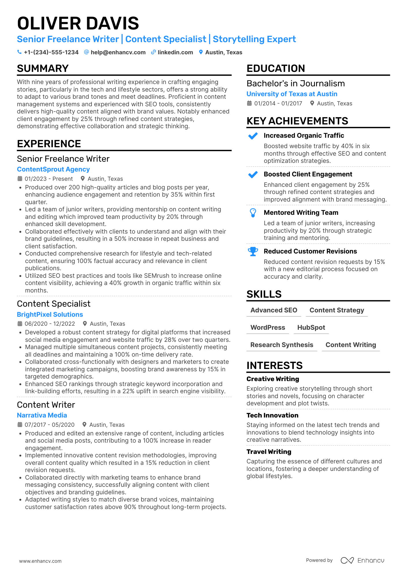 Senior Freelance Writer Resume Example
