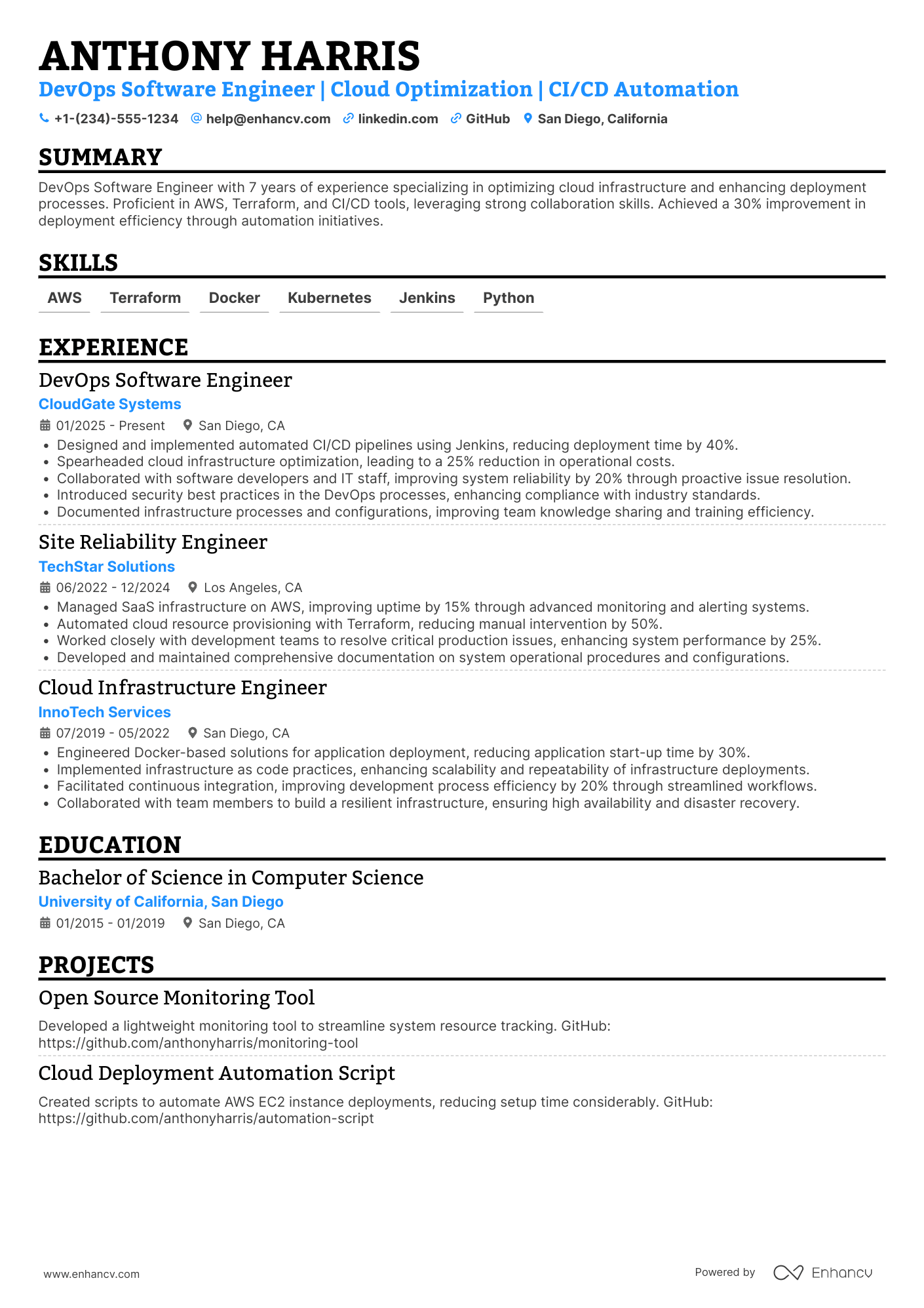 DevOps Software Engineer Resume Example