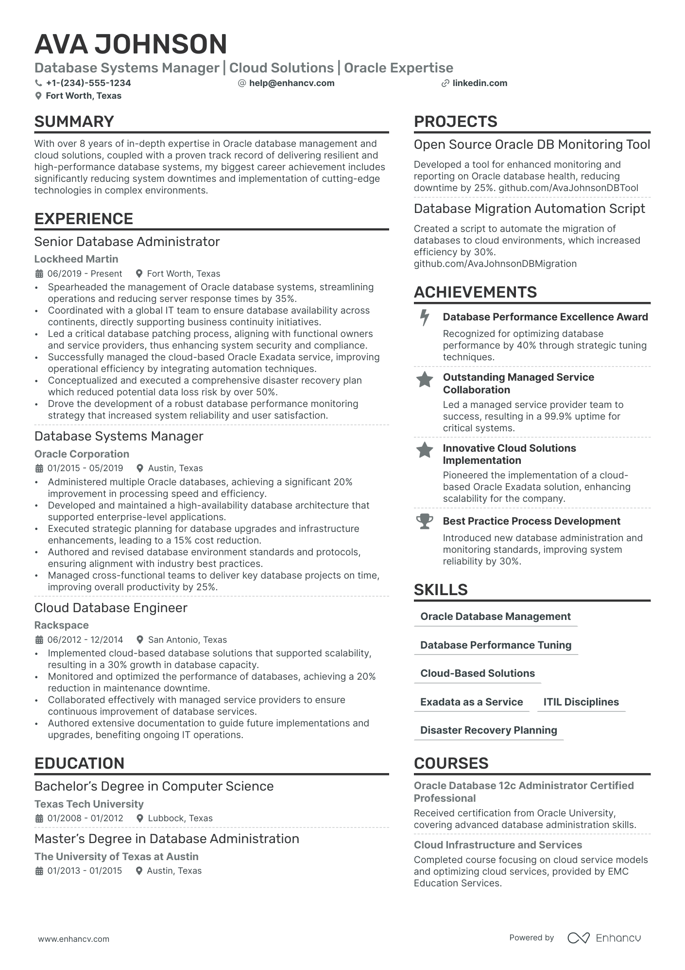 Oracle Database Administrator Resume Example