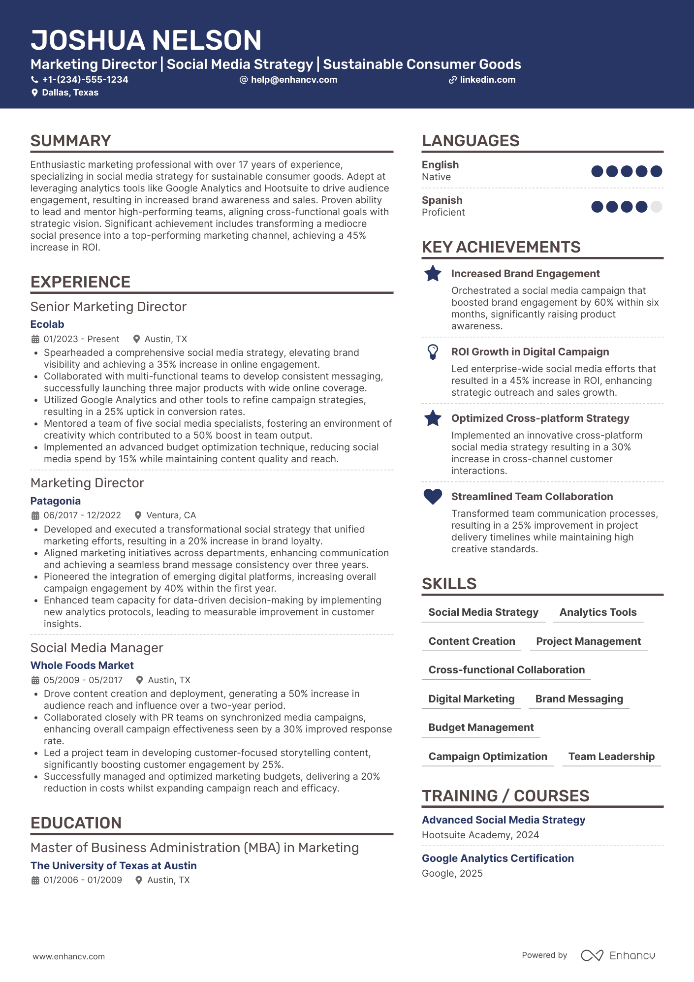 Marketing Director, Social Media Resume Example