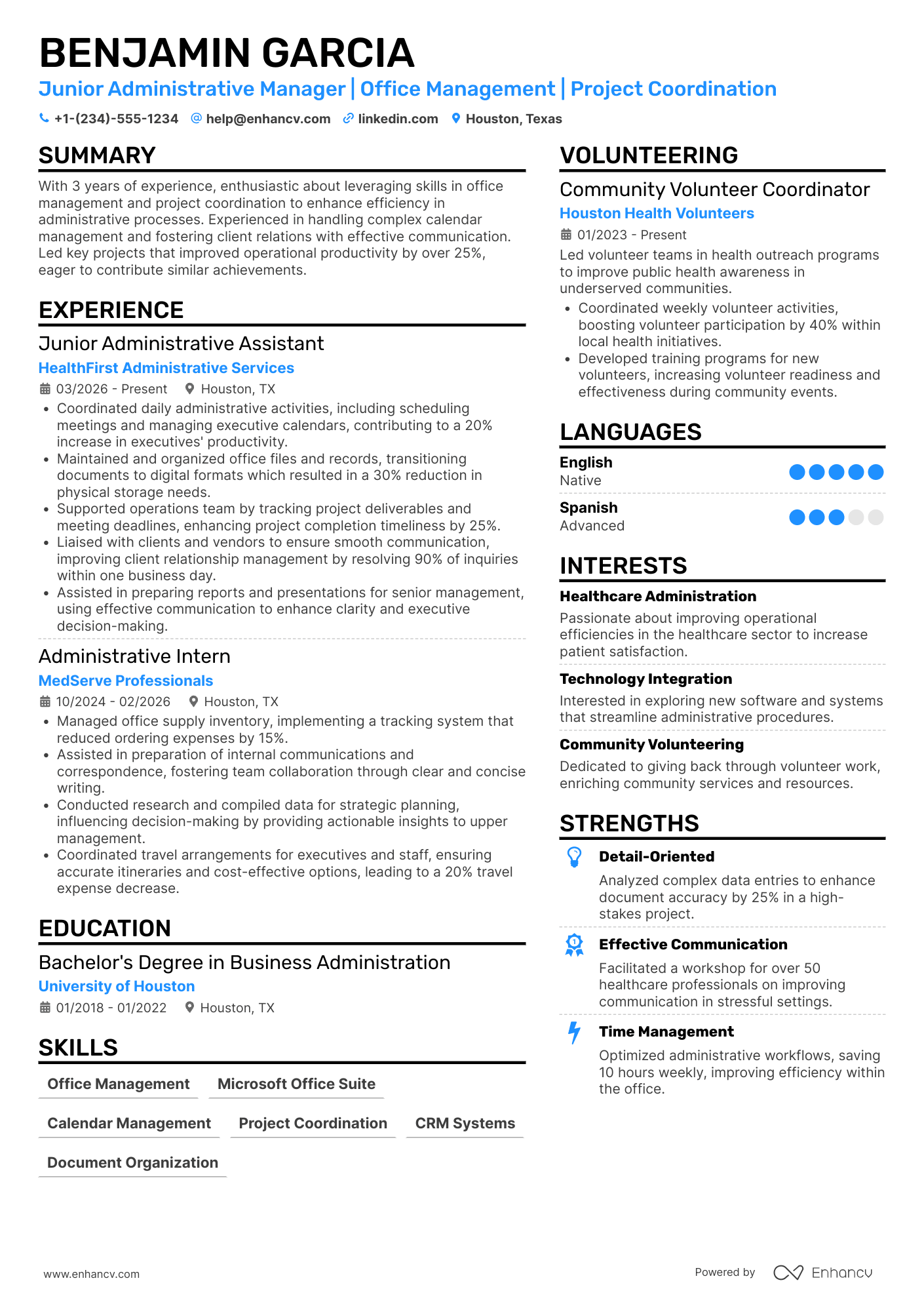 Junior Administrative Manager Resume Example