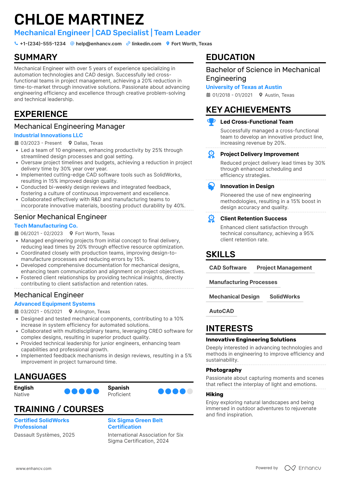 Mechanical Engineering Manager Resume Example