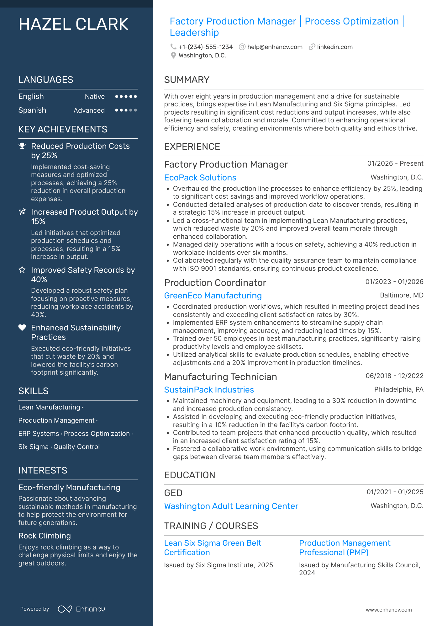 Factory Production Manager Resume Example