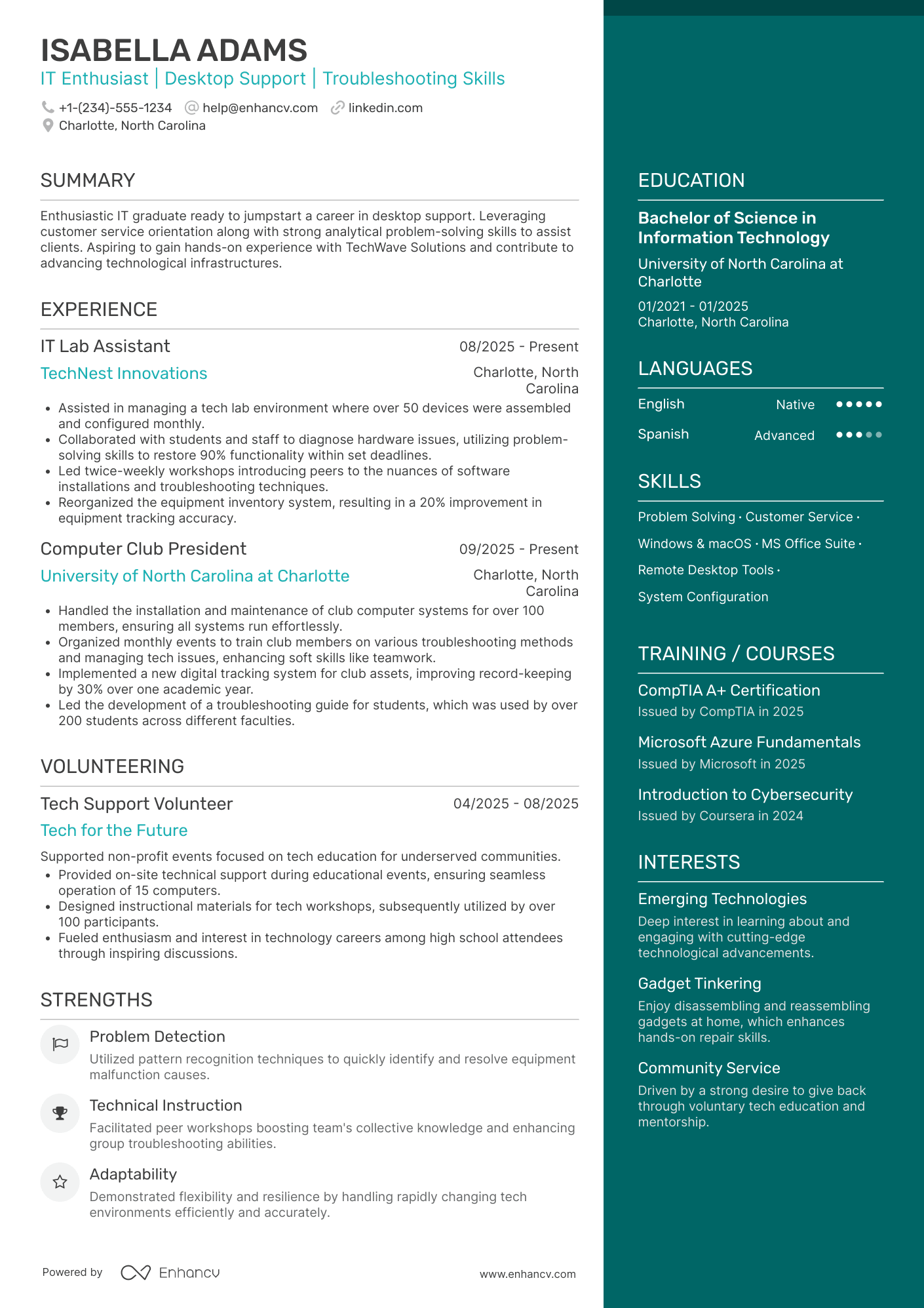 Desktop Support Intern Resume Example