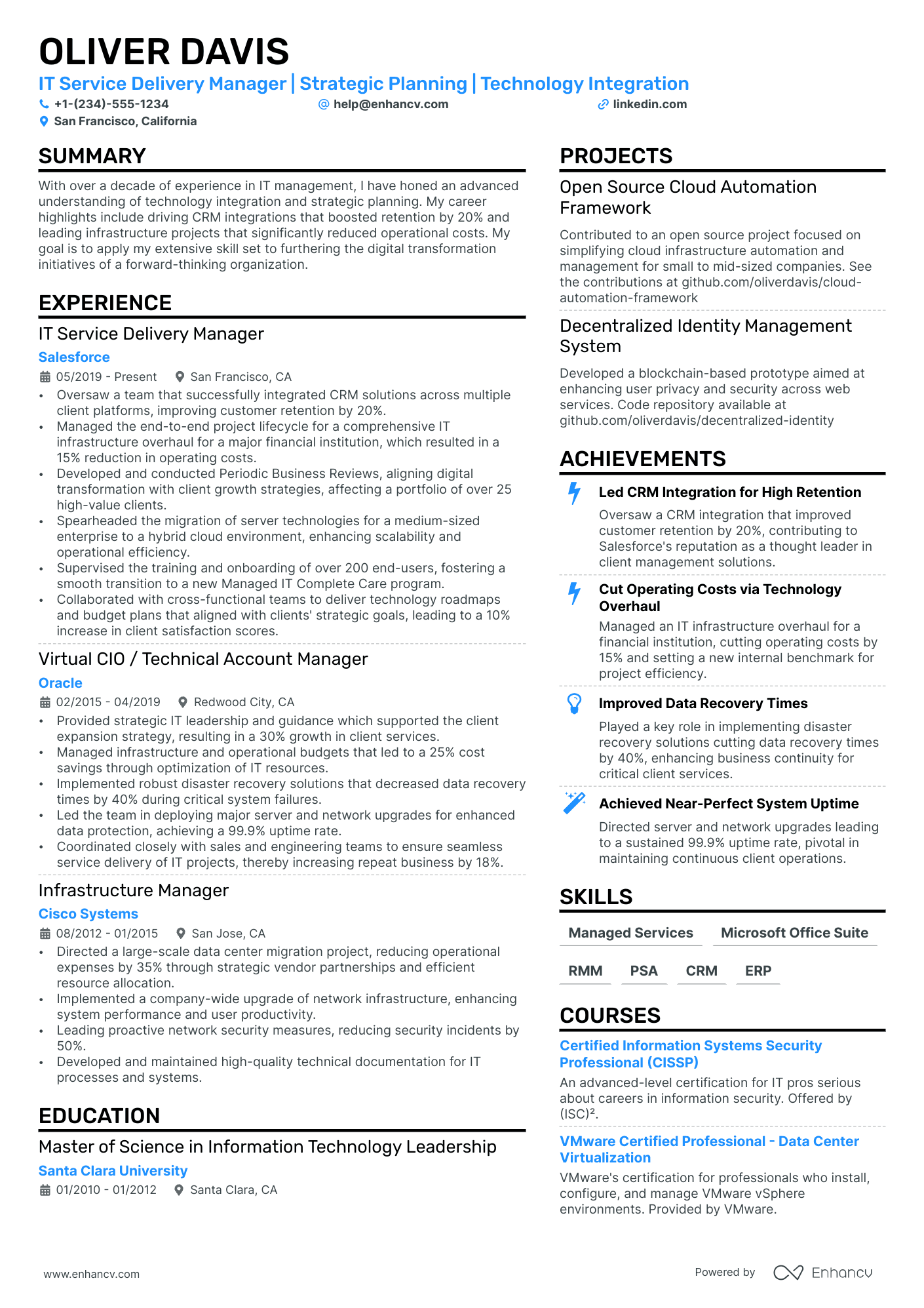 IT Service Delivery Manager Resume Example