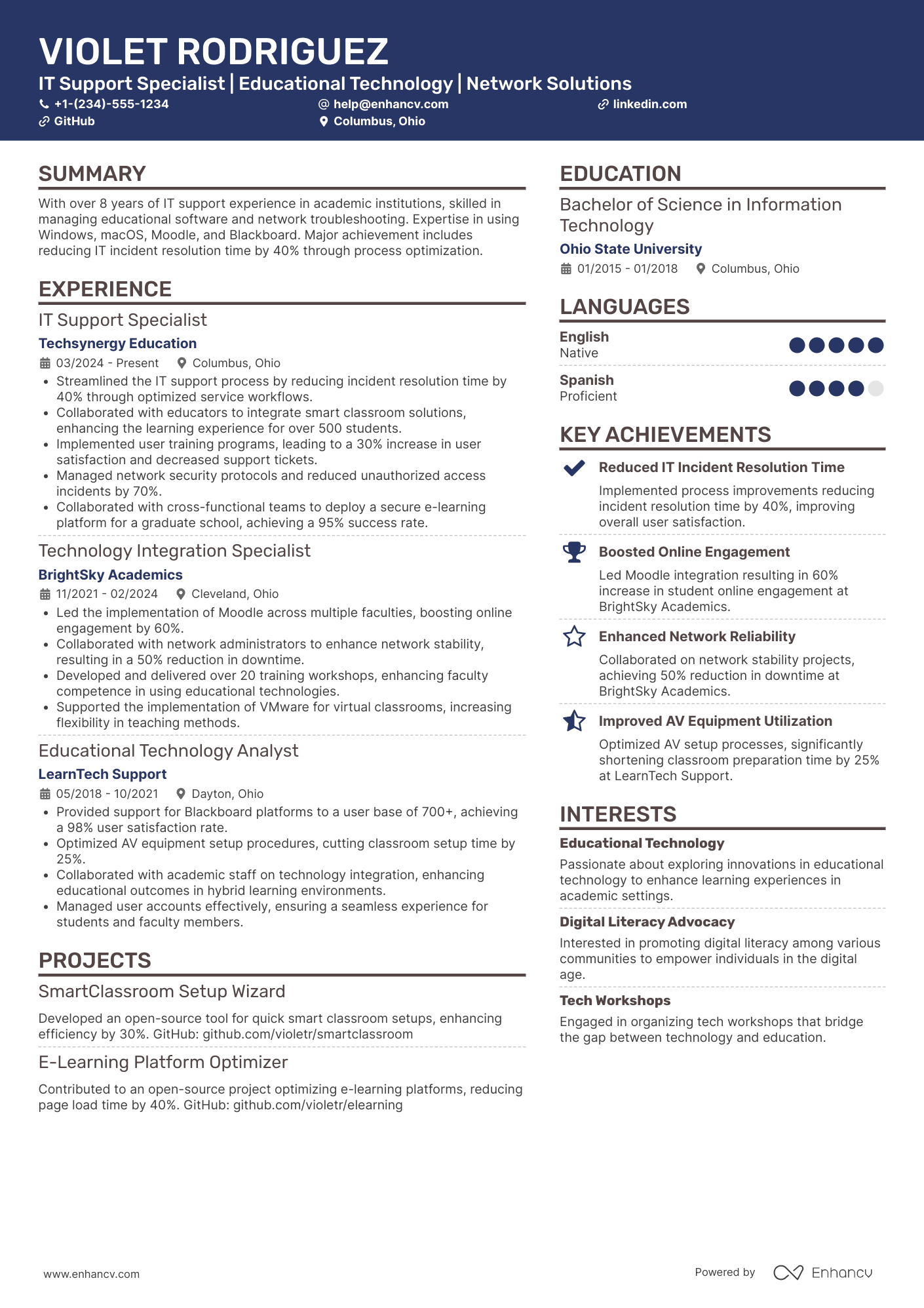 Grad School IT Support Specialist Resume Example