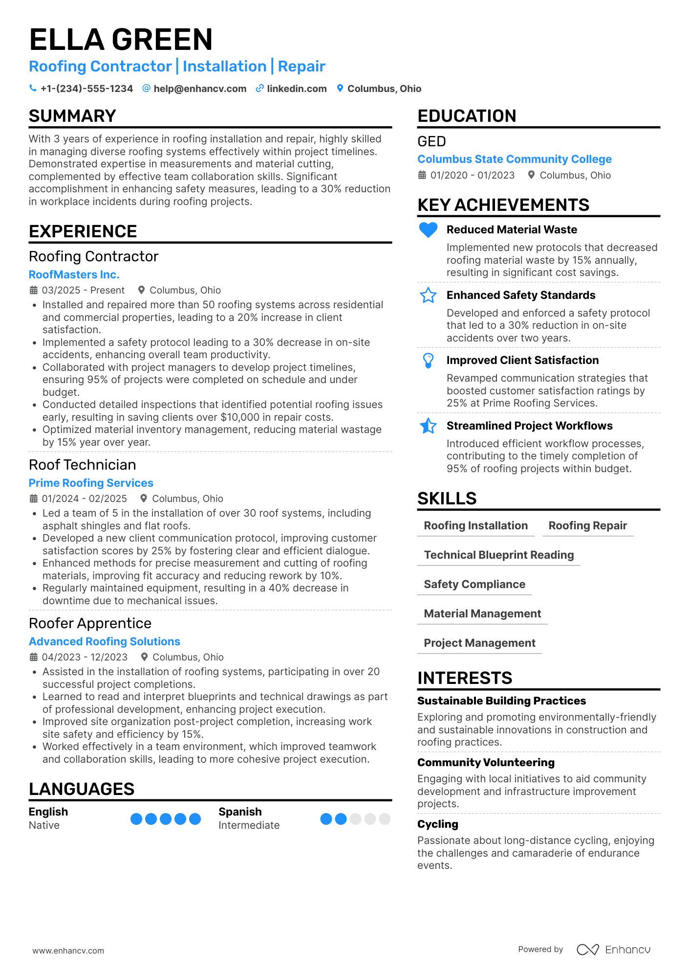 Roofing Contractor Resume Example