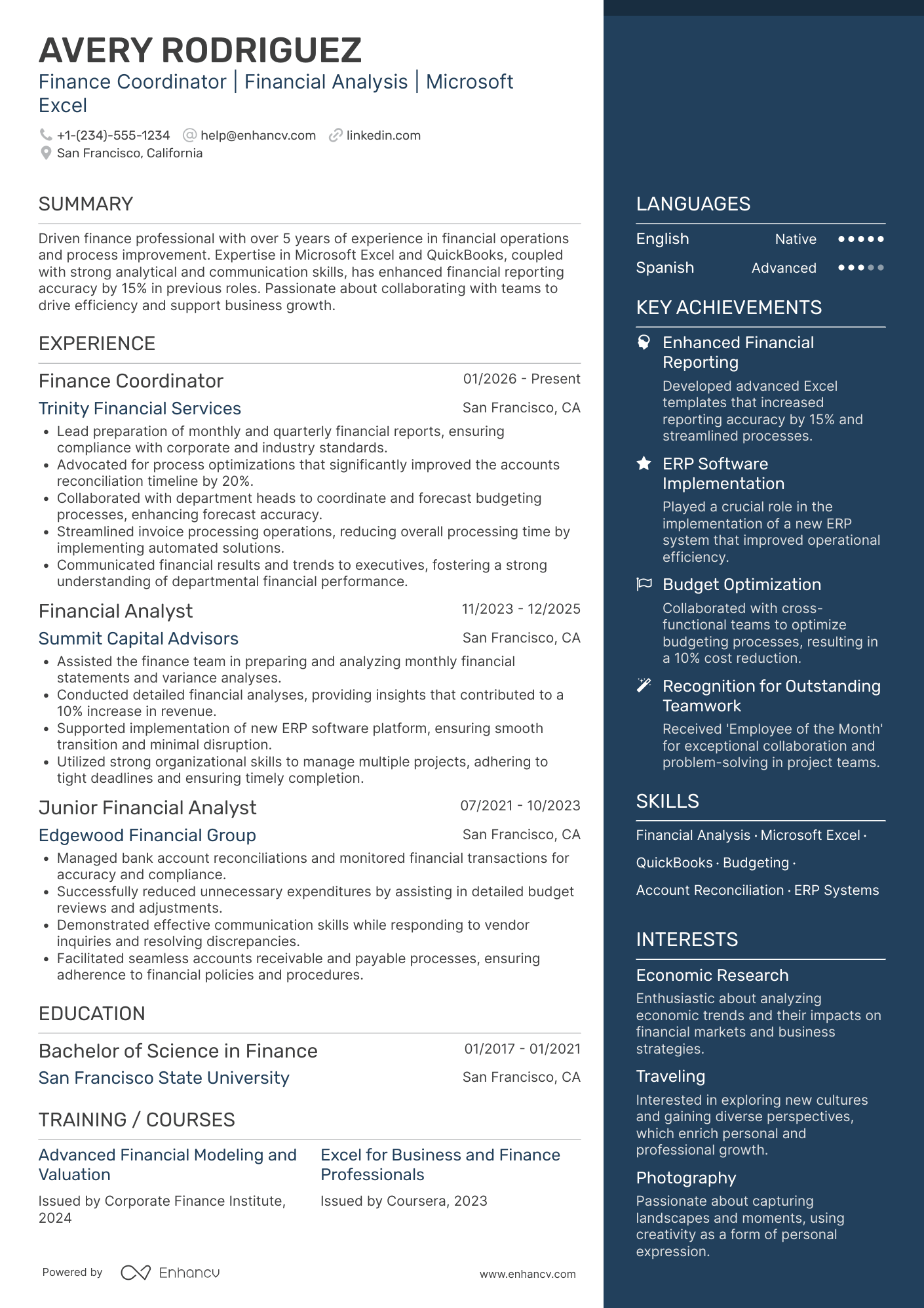 Finance Coordinator Resume Example