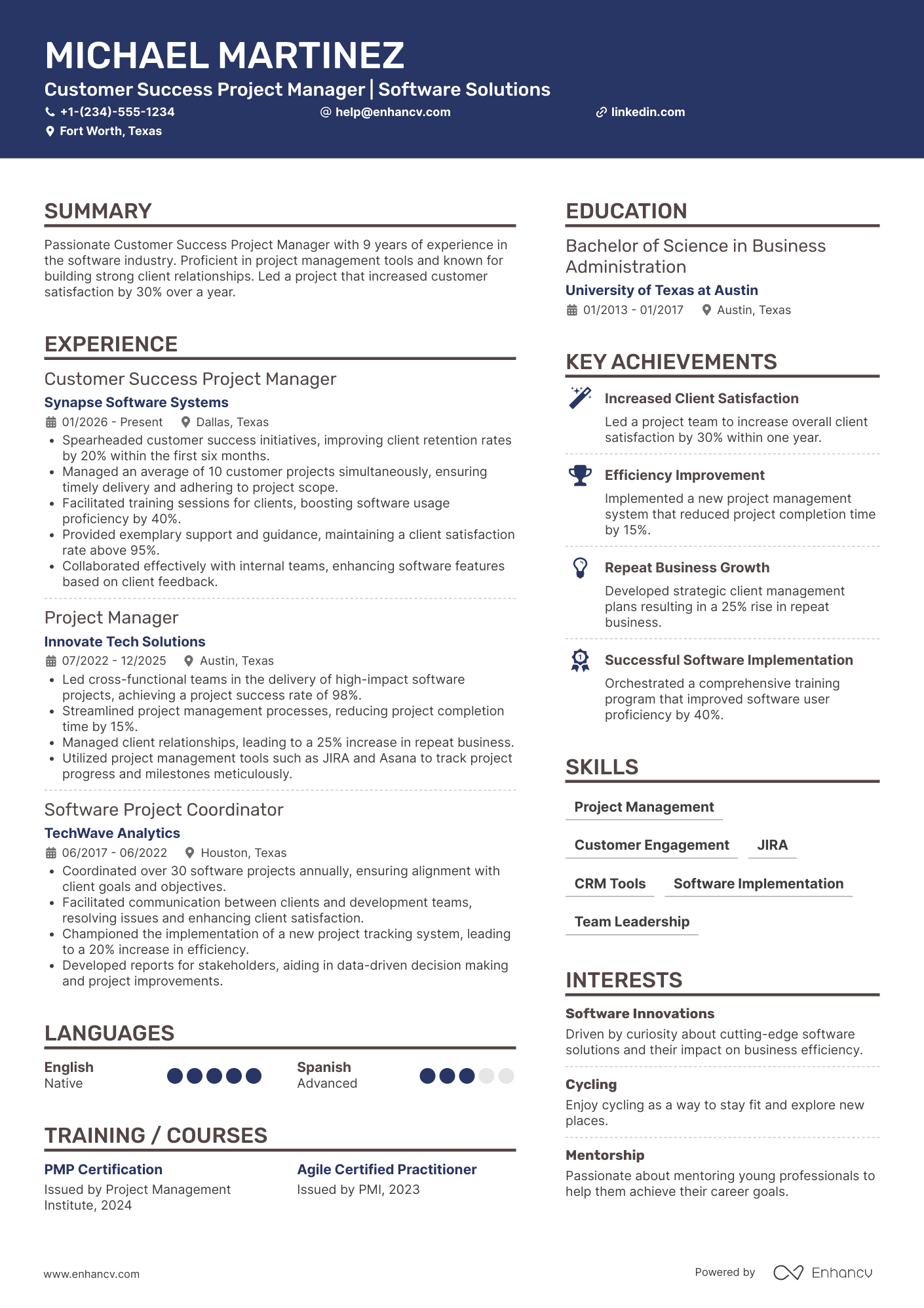 Customer Success Project Manager Resume Example