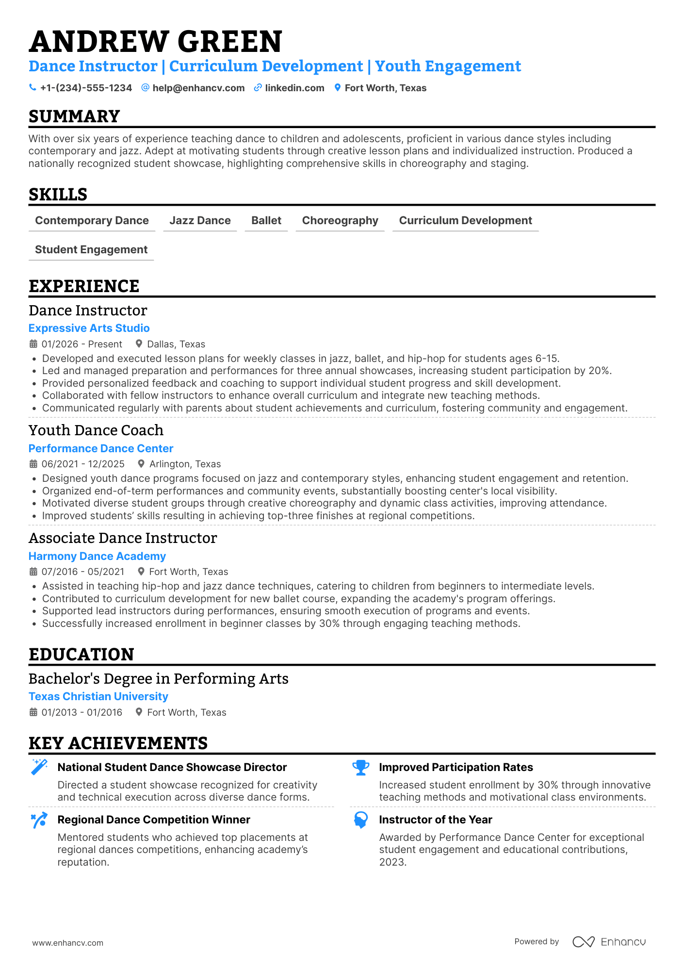 After School Dance Instructor Resume Example