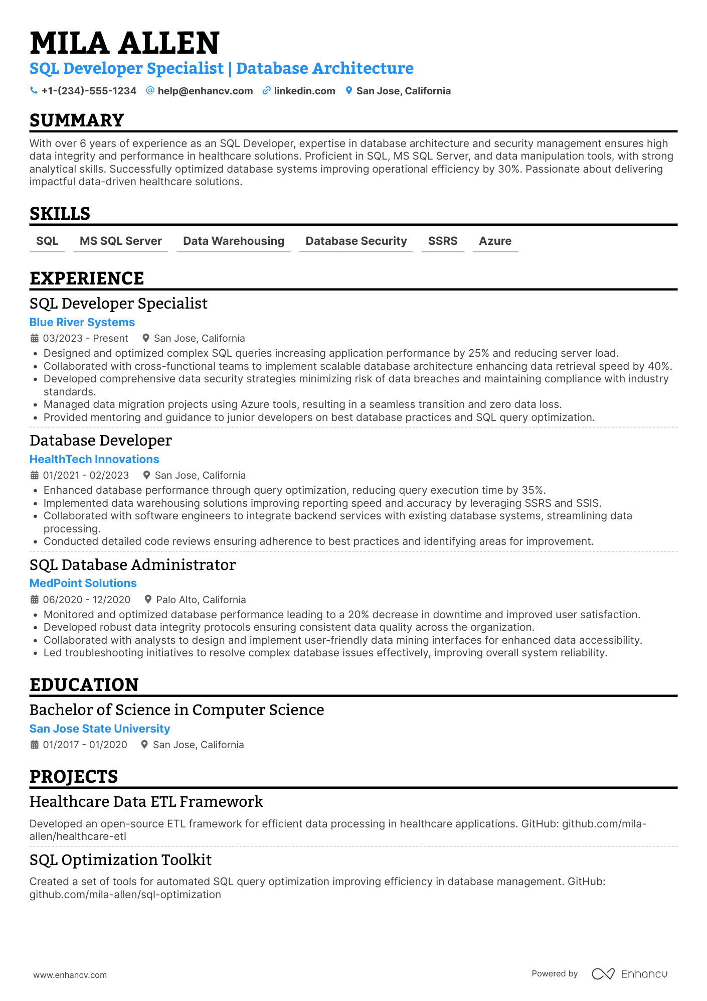 SQL Developer Specialist Resume Example