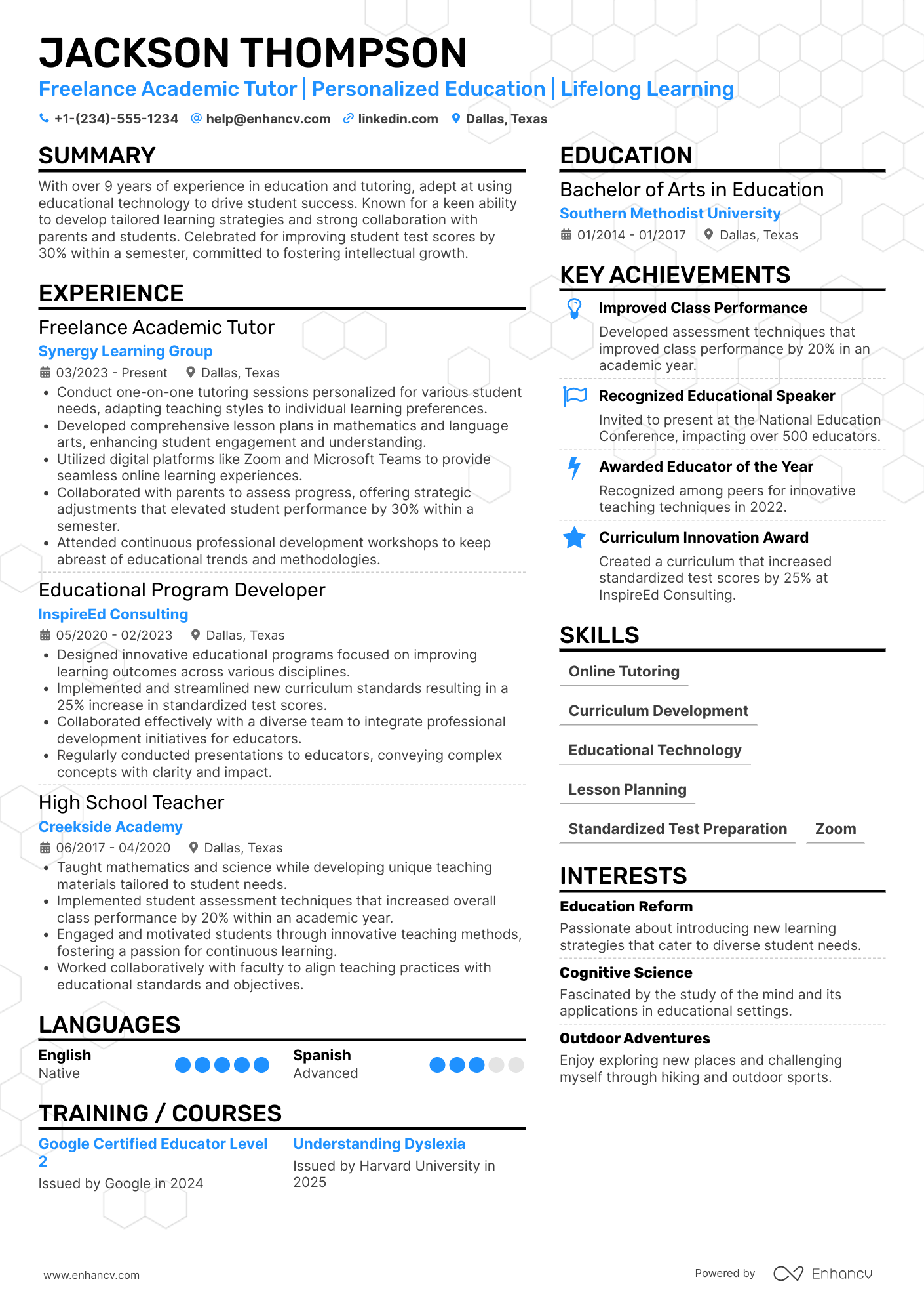 Freelance Academic Tutor Resume Example