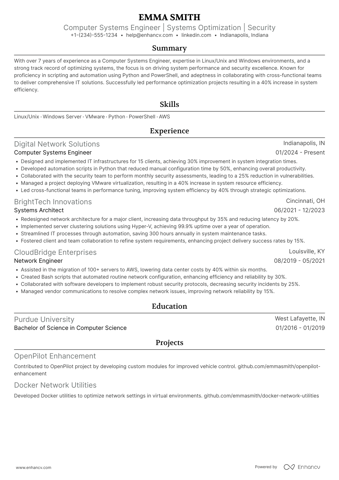 Computer Systems Engineer Resume Example