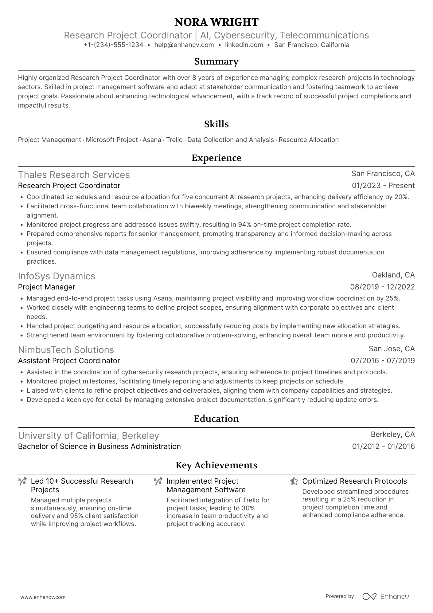 Research Project Coordinator Resume Example