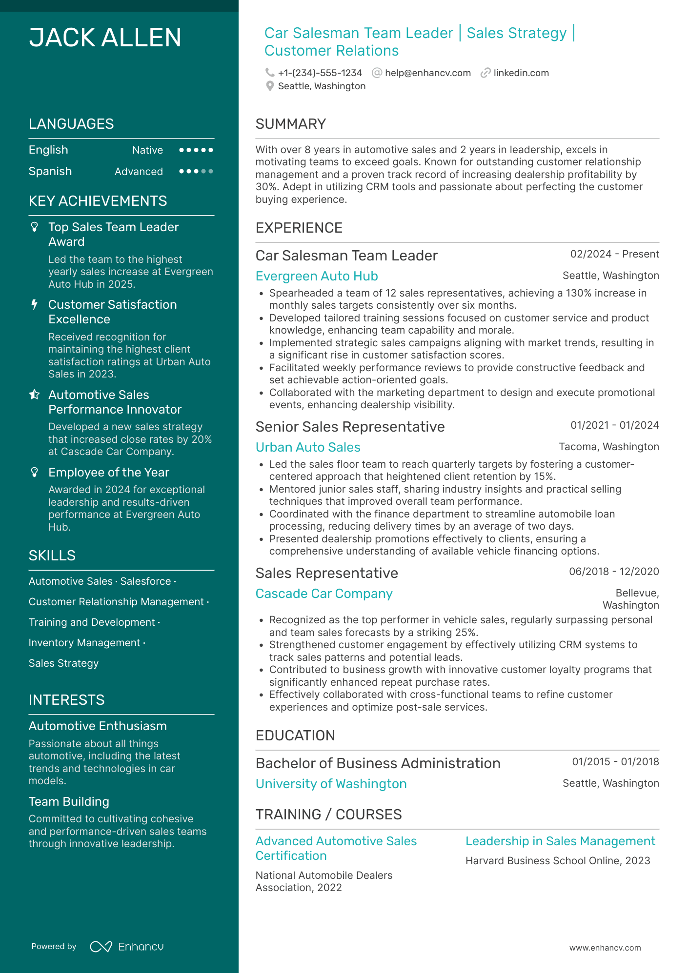 Car Salesman Team Leader Resume Example