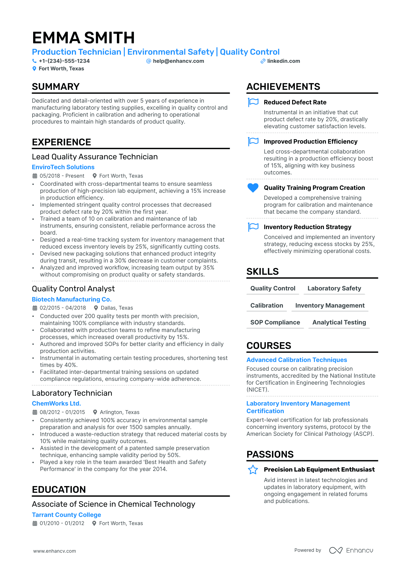 Production Technician Resume Example