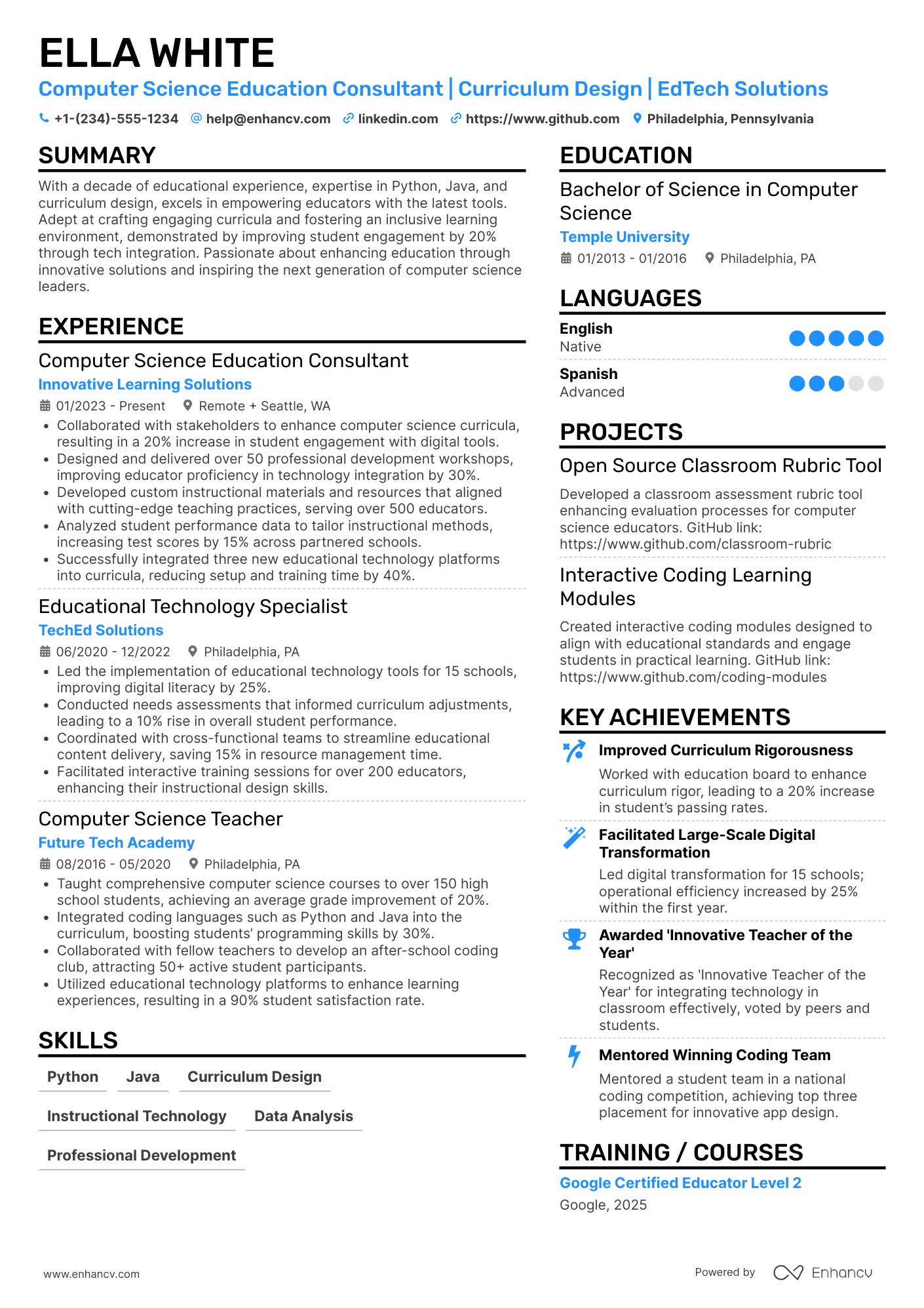 Computer Science Education Consultant Resume Example