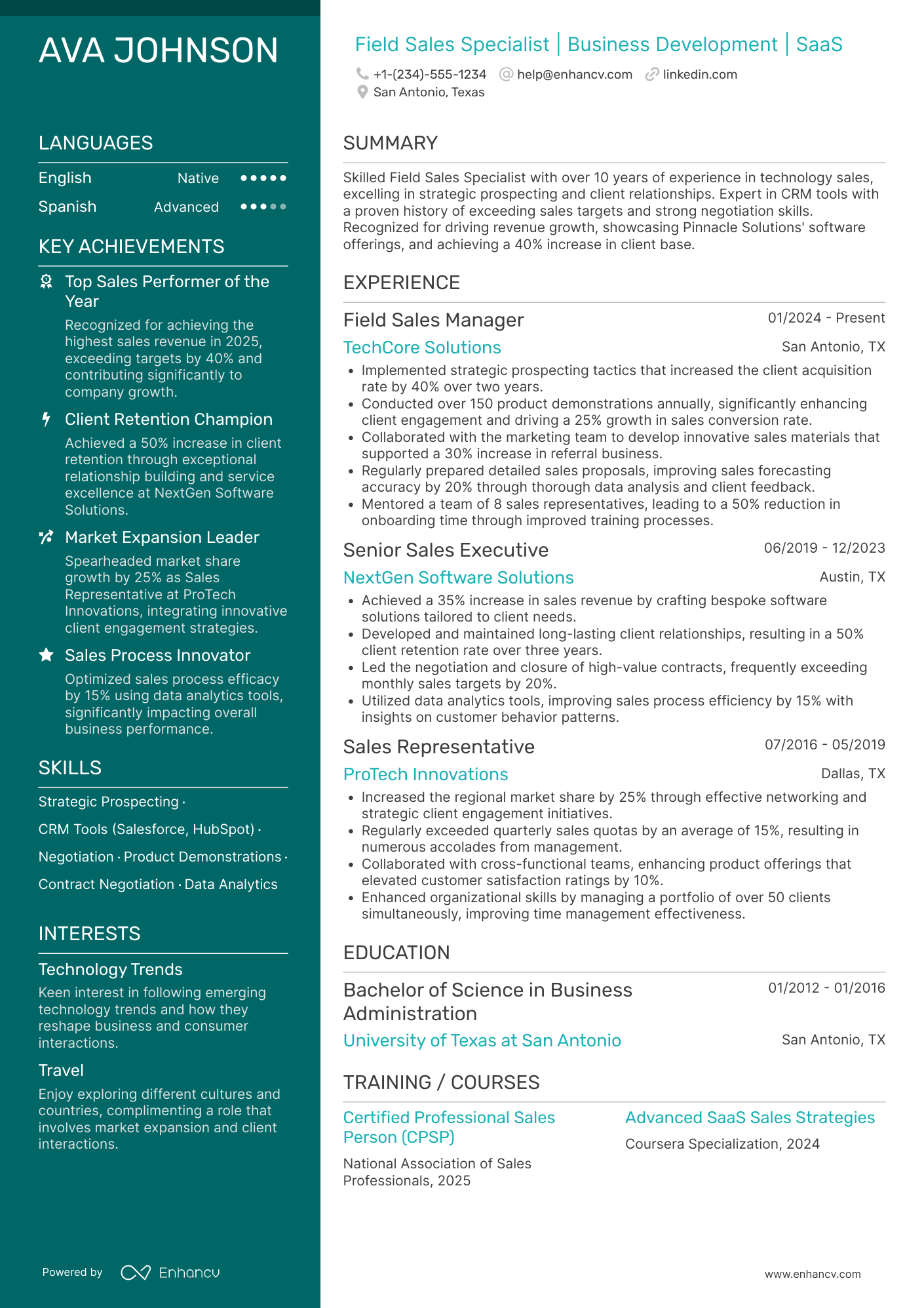 Field Sales Representative Resume Example