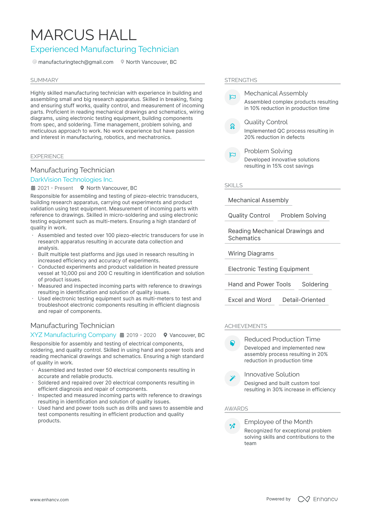 Manufacturing Technician Resume Example