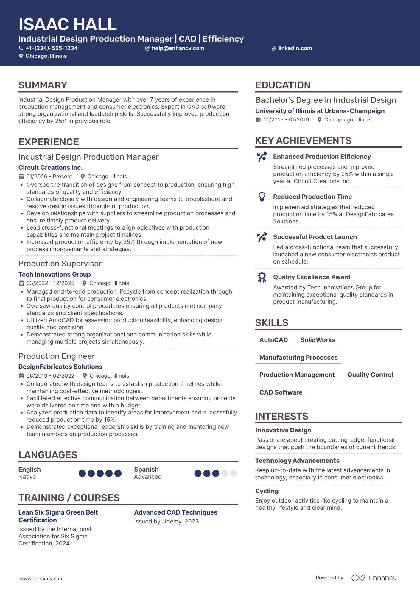Industrial Design Production Manager Resume Example