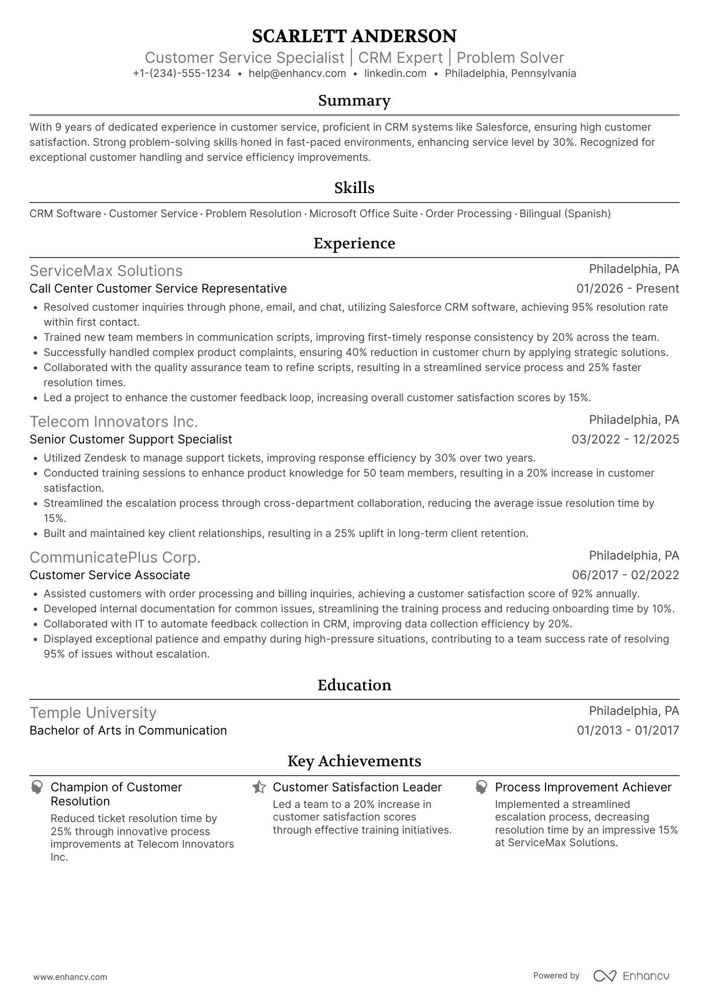 Call Center Customer Service Resume Example