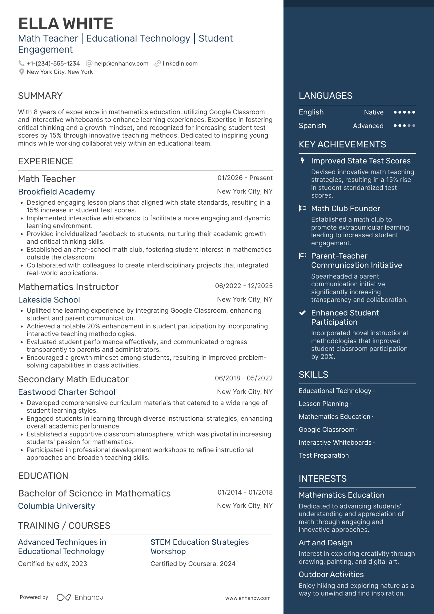 Math Teacher Resume Example