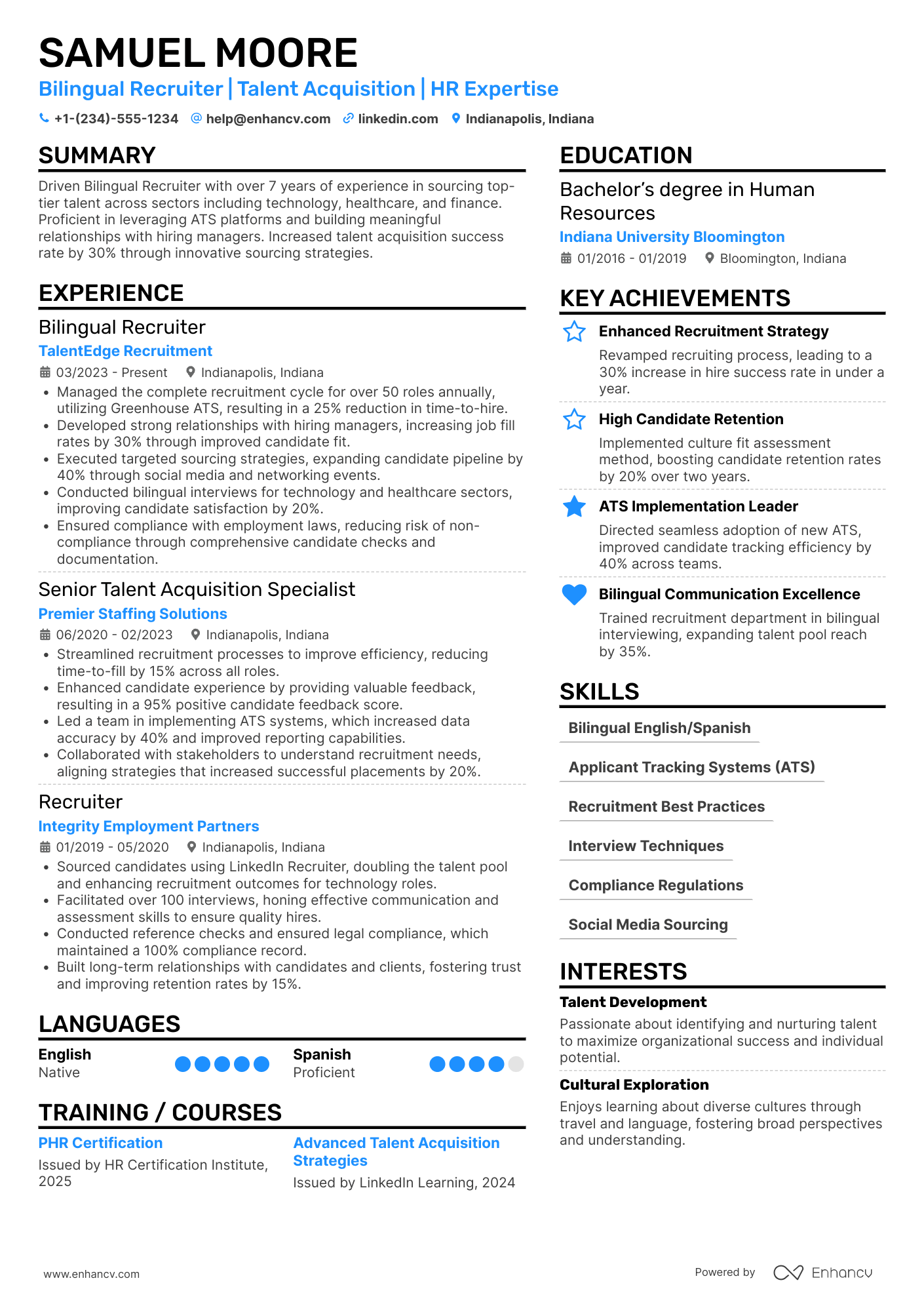 Bilingual Recruiter Resume Example