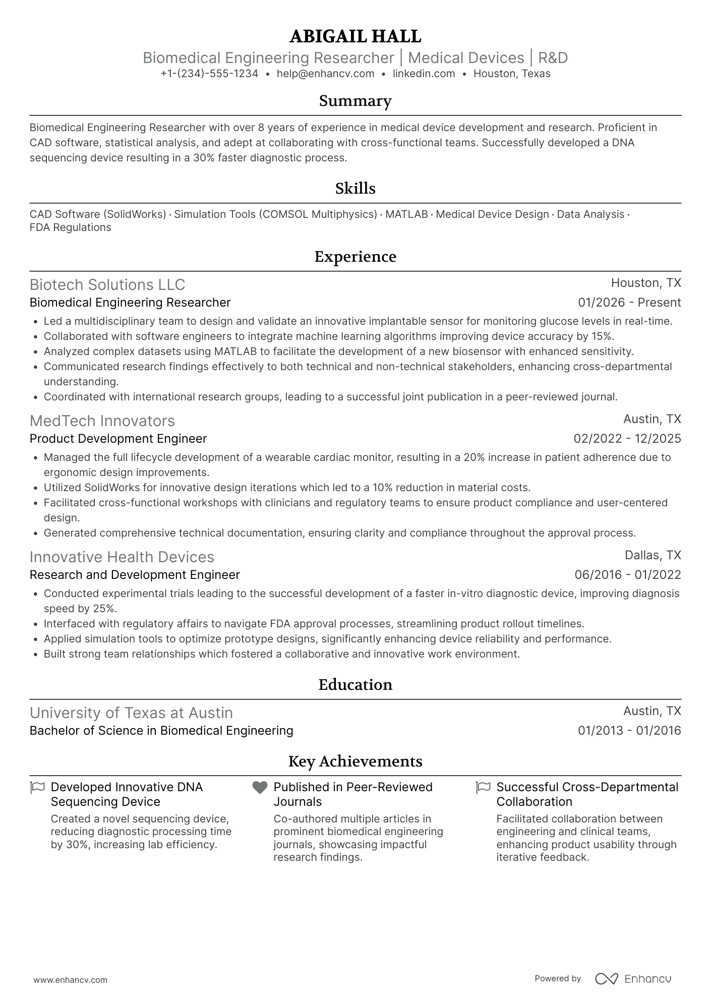 Biomedical Engineering Researcher Resume Example