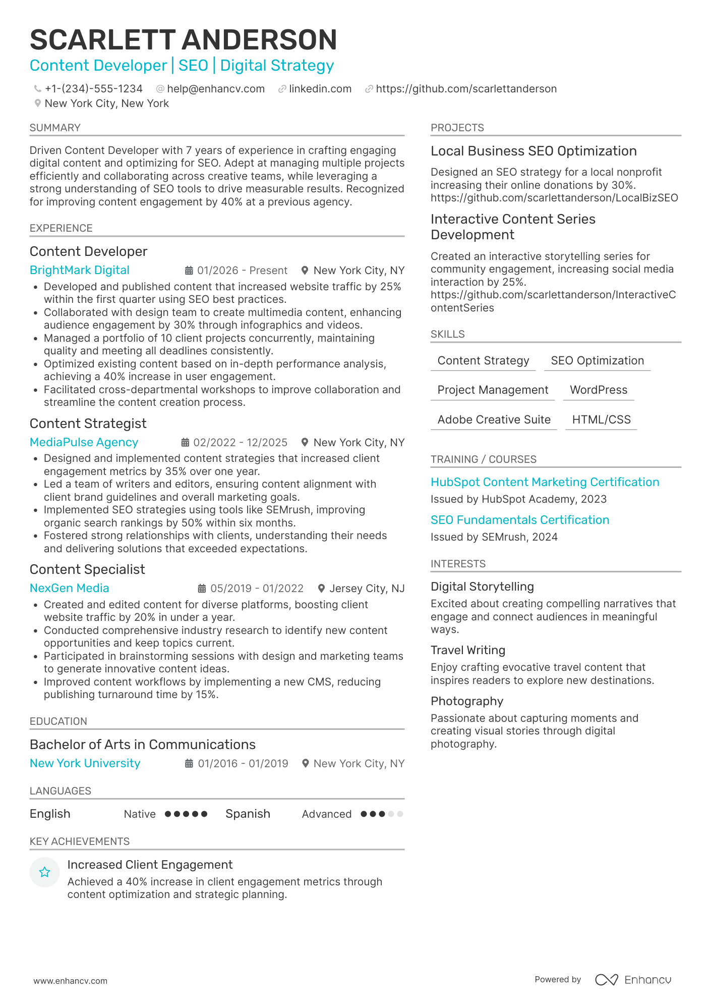 Content Developer Resume Example
