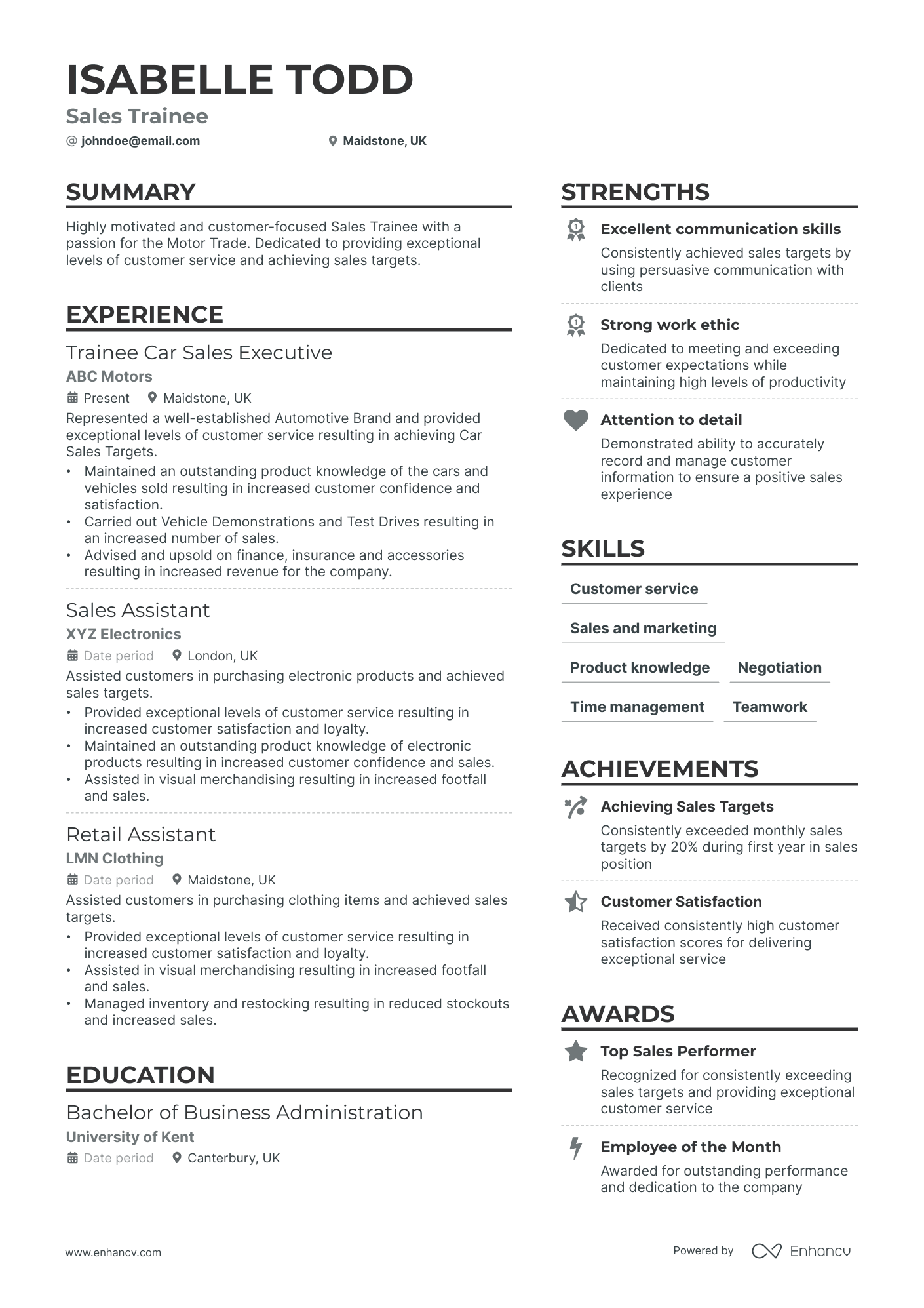 Sales Trainee Resume Example