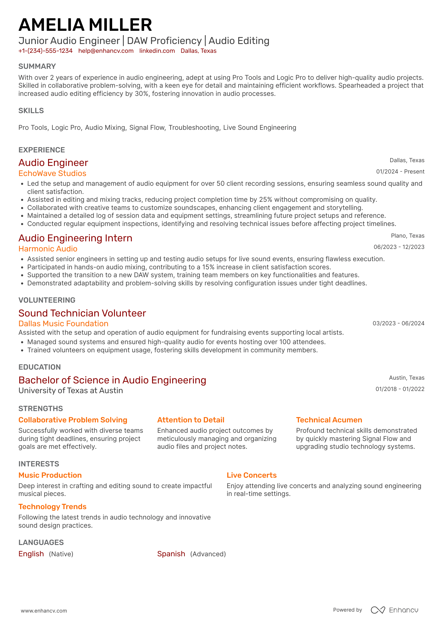 Junior Audio Engineer Resume Example