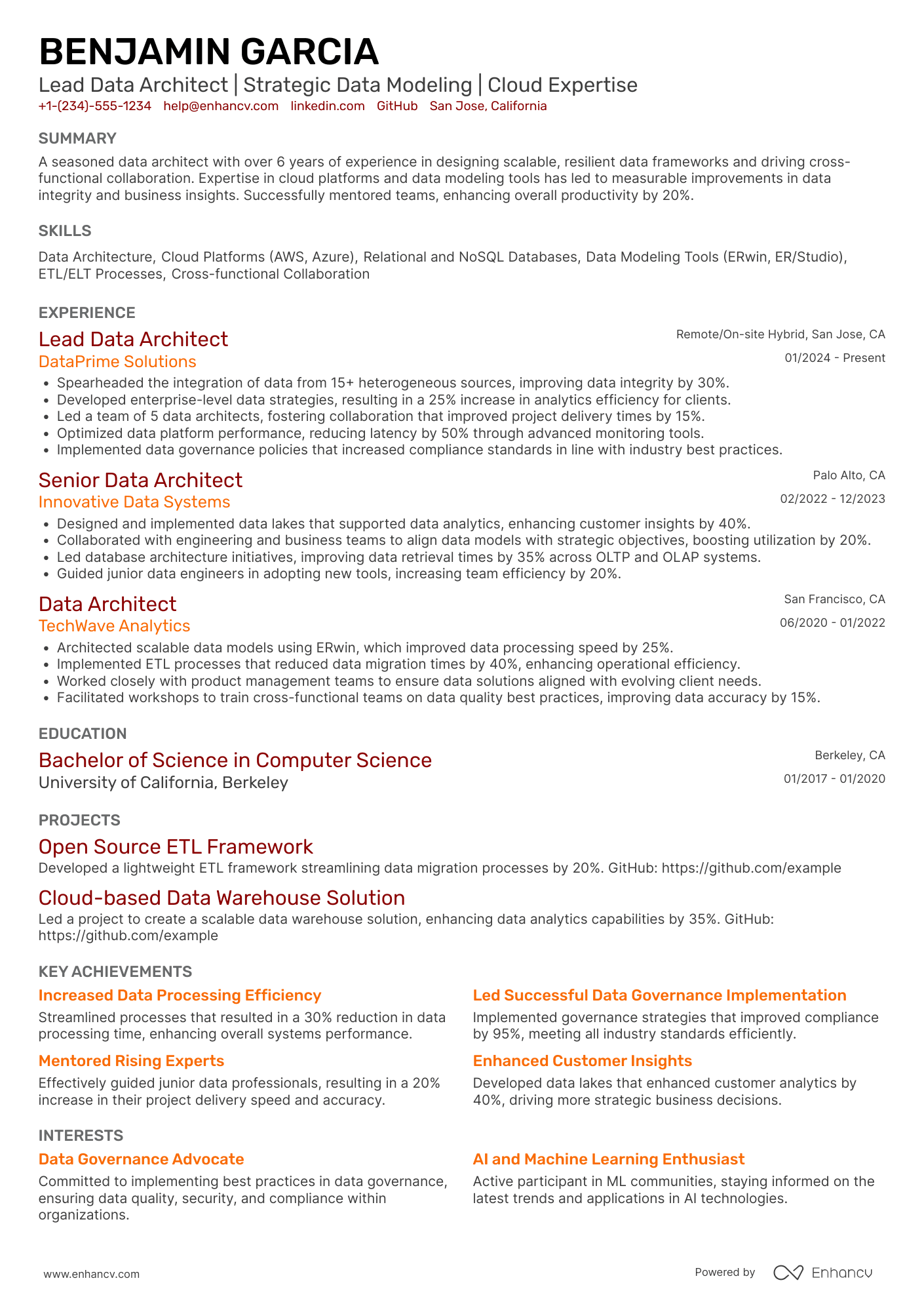 Lead Data Architect Resume Example