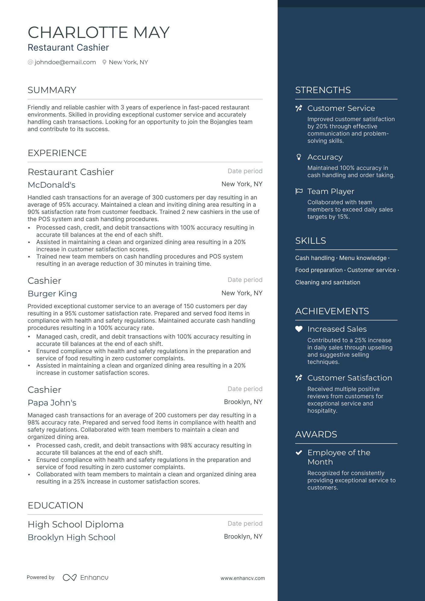 Restaurant Cashier Resume Example