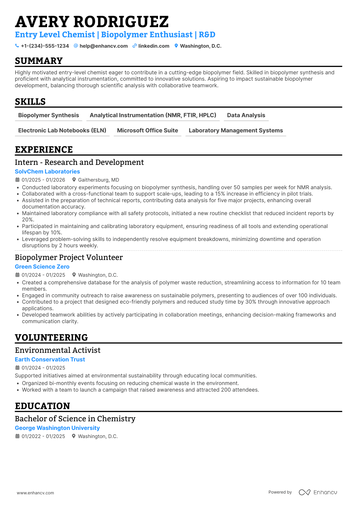Entry Level Chemist Resume Example