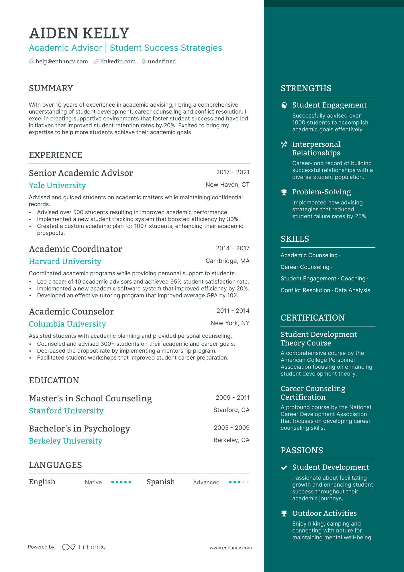 Academic Advisor Resume Example