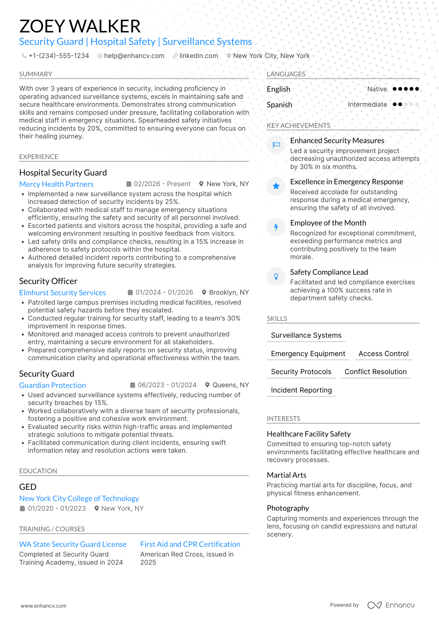 Hospital Security Guard Resume Example