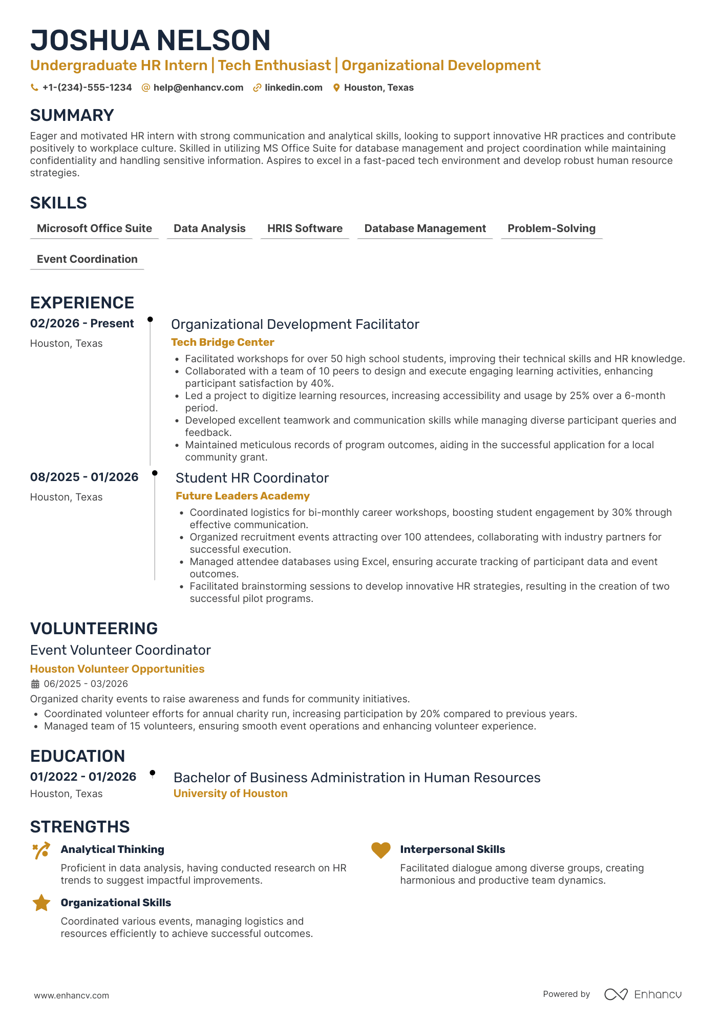 Undergraduate Human Resources Intern Resume Example