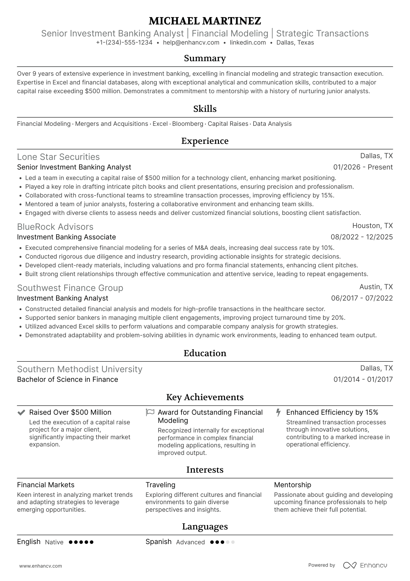 Senior Investment Banking Analyst Resume Example