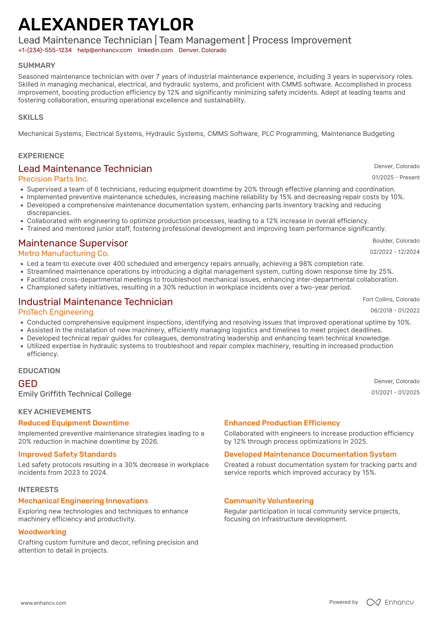Lead Maintenance Technician Resume Example